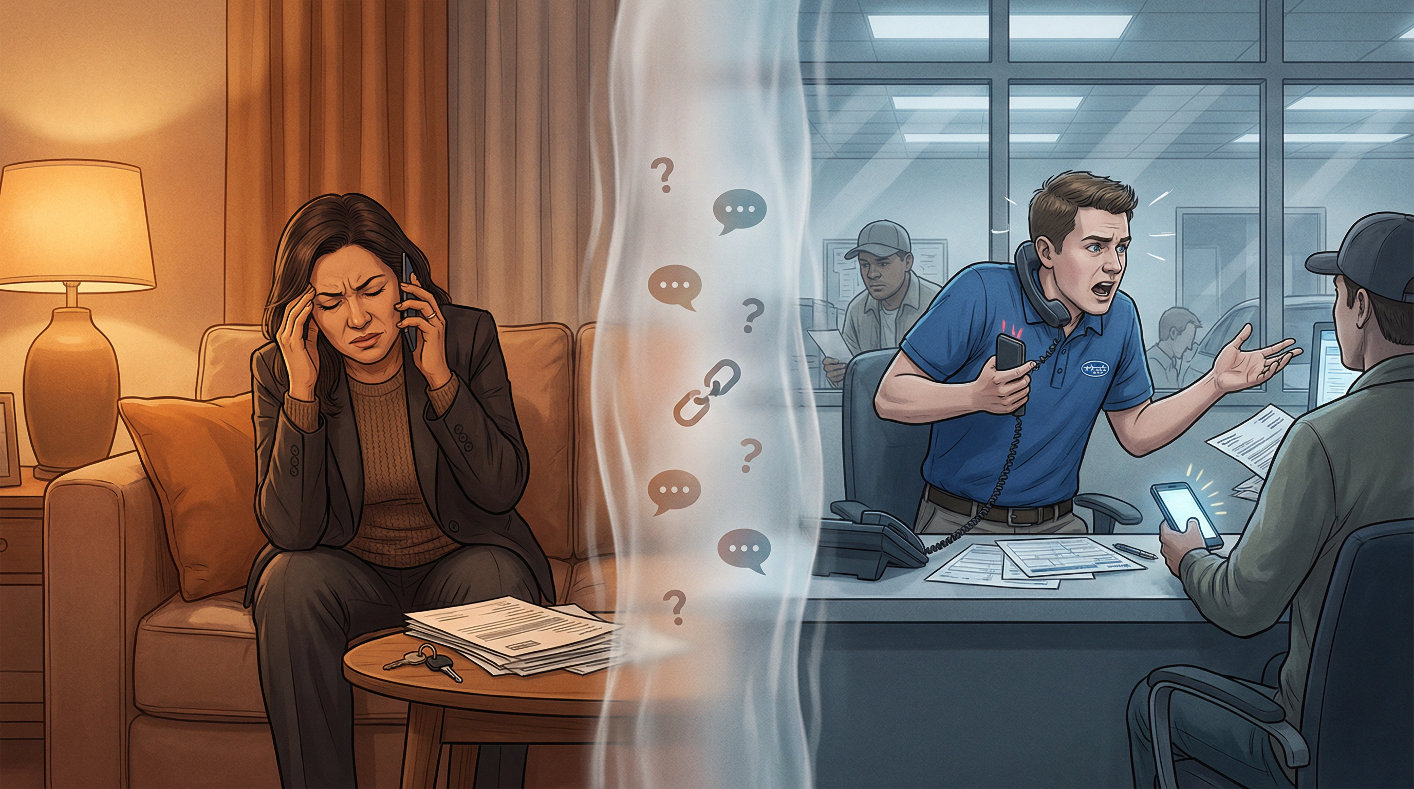Split illustration showing frustrated caller and overwhelmed dealership staff separated by language barrier visual