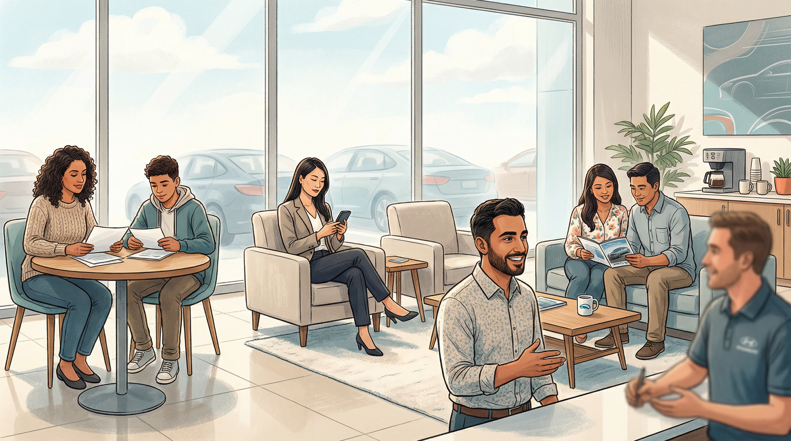 Diverse group of customers representing multiple cultural backgrounds at an automotive dealership service center