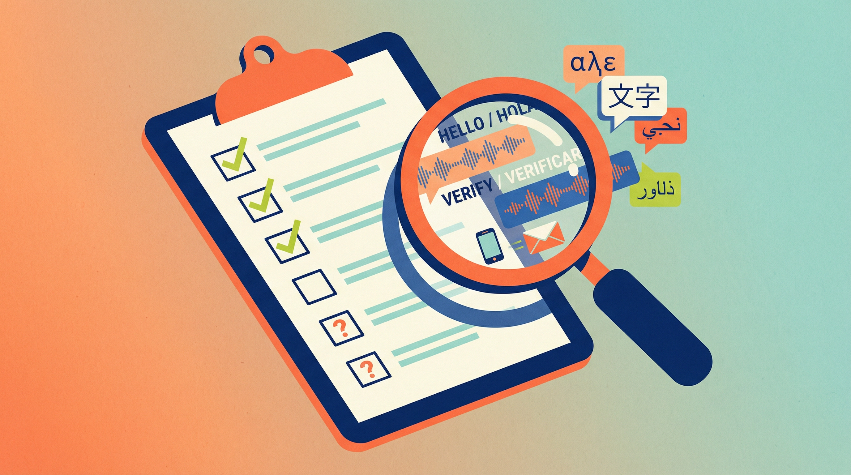 Illustration of a quality assurance checklist with magnifying glass examining AI performance metrics