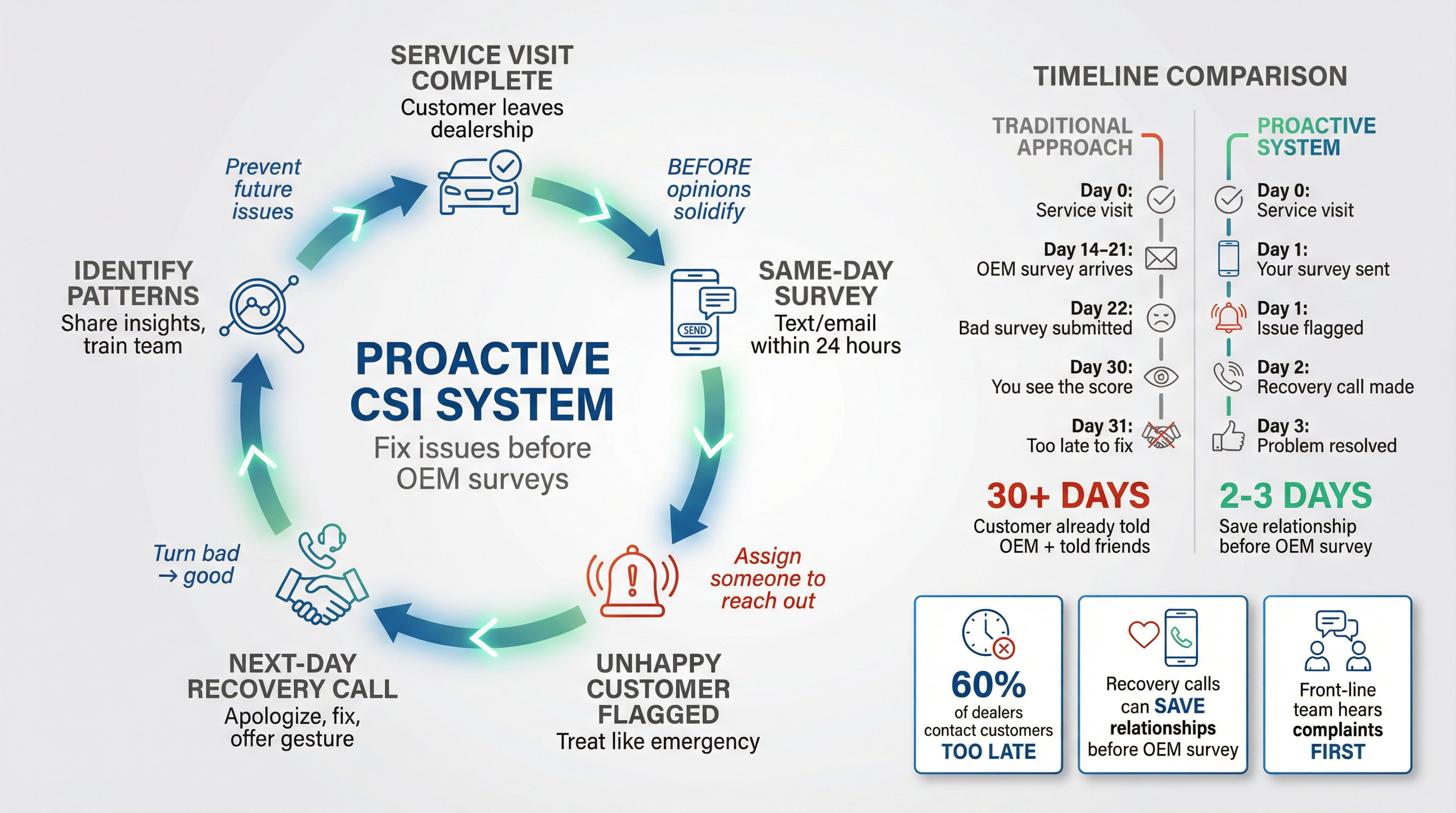 Circular process diagram showing proactive CSI feedback loop with same-day customer surveys, recovery process, and continuous improvement cycle