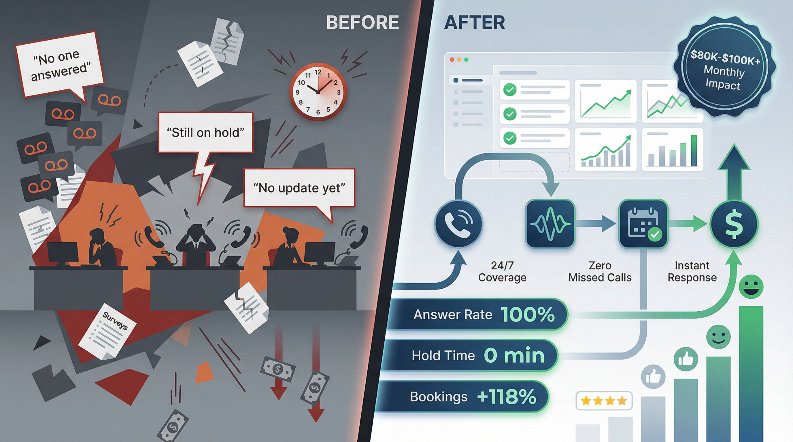 Split-screen illustration contrasting chaotic dealership operations with systematic CSI management