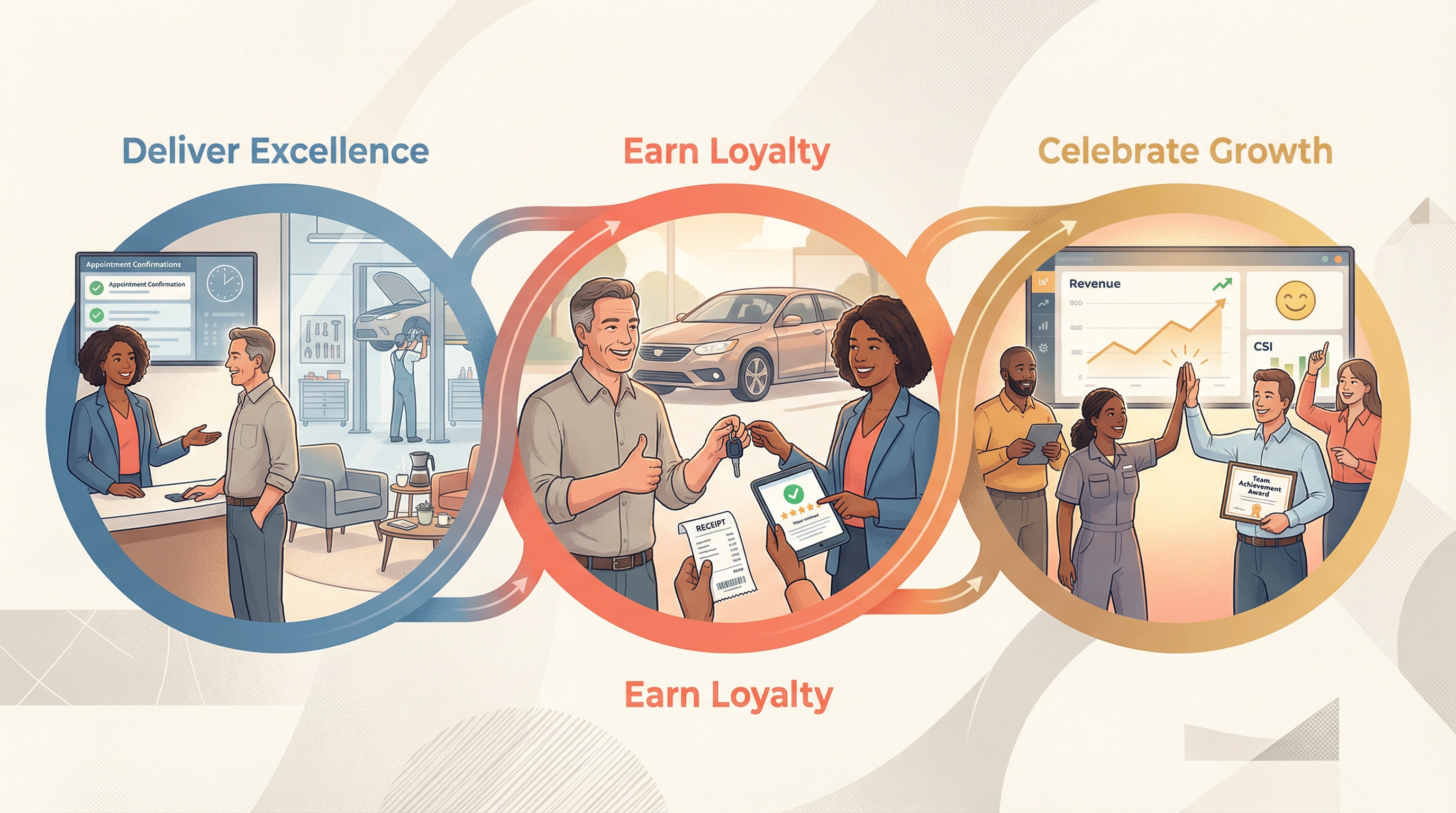 Illustration of thriving dealership culture with team members and satisfied customers in a virtuous cycle of excellence