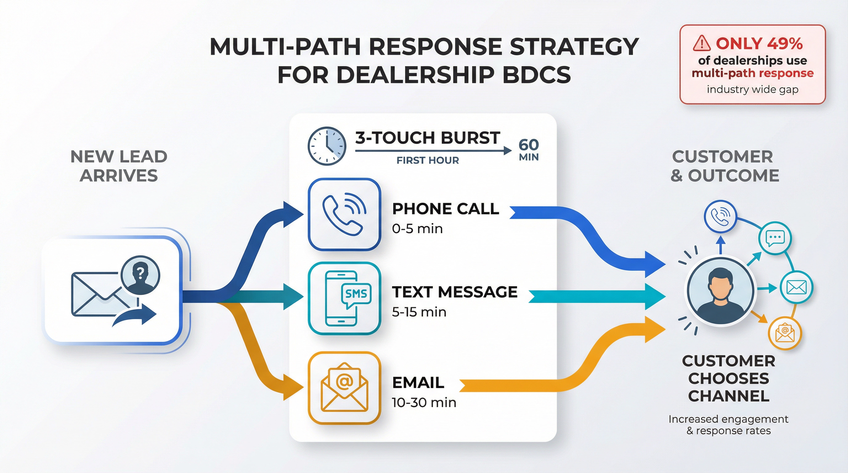 Multi-channel response strategy showing phone, text, and email outreach converging on customer within first hour