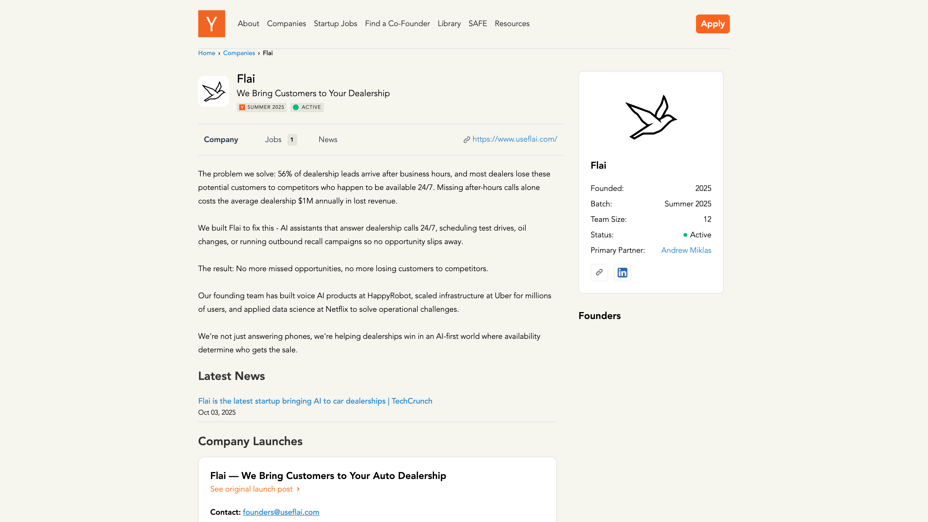 Y Combinator profile showing S25 batch backing from First Round Capital and leading automotive AI investors