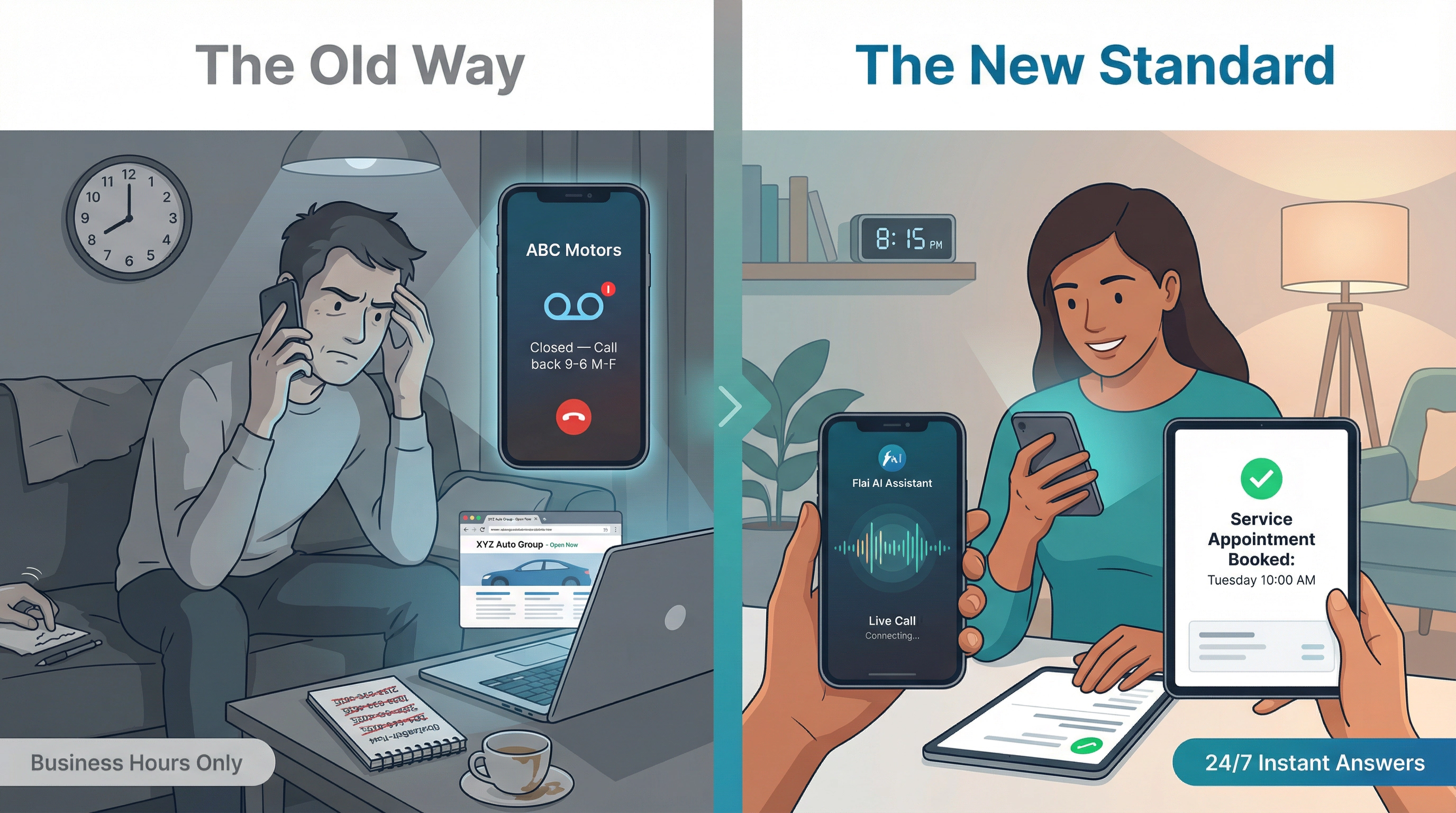 Split-panel illustration contrasting old voicemail-based dealership service with modern 24/7 AI-powered instant call handling