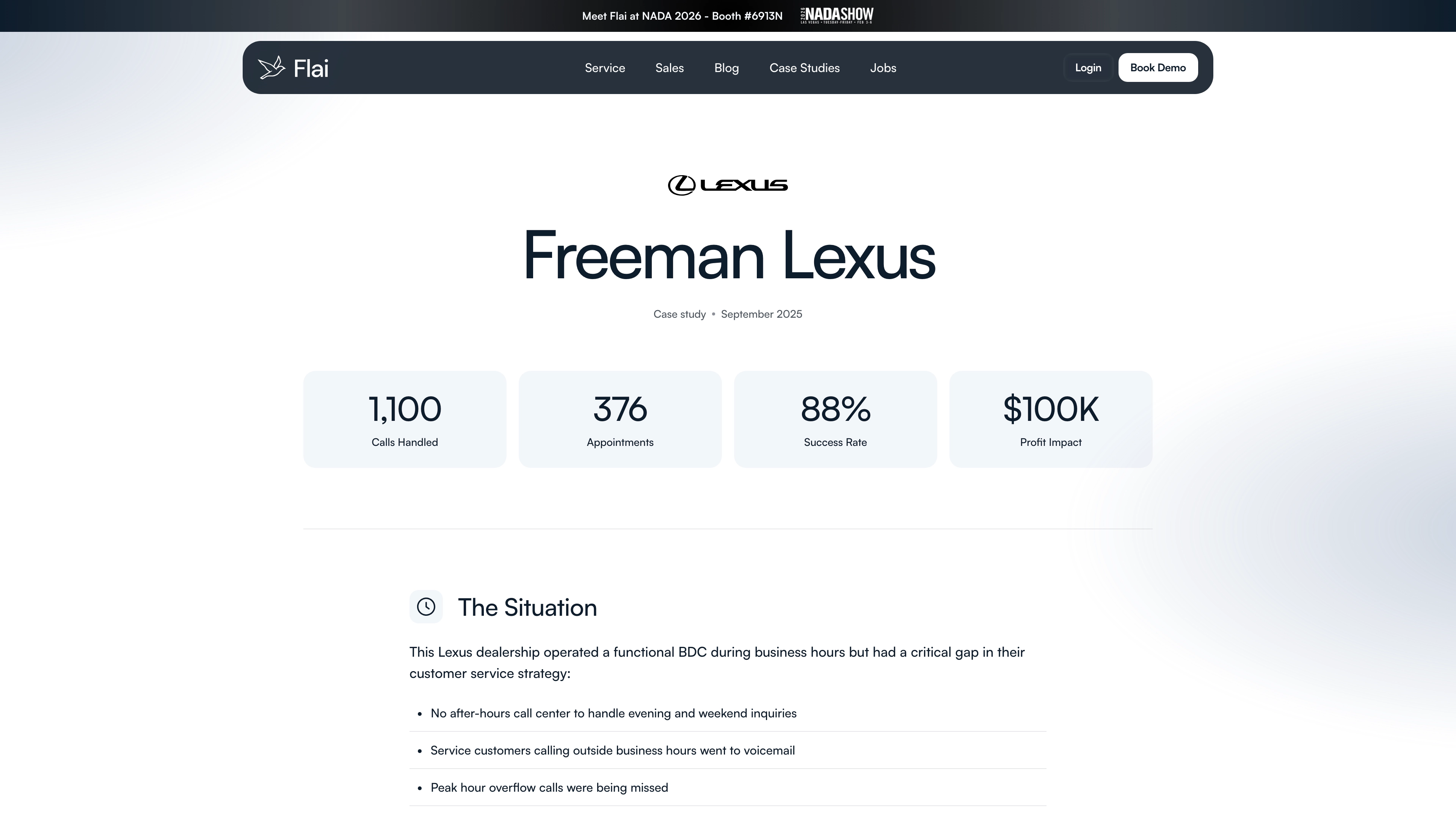 Freeman Lexus dealership case study showing 1,800+ calls handled monthly with 88% conversion rate and 376 appointments booked