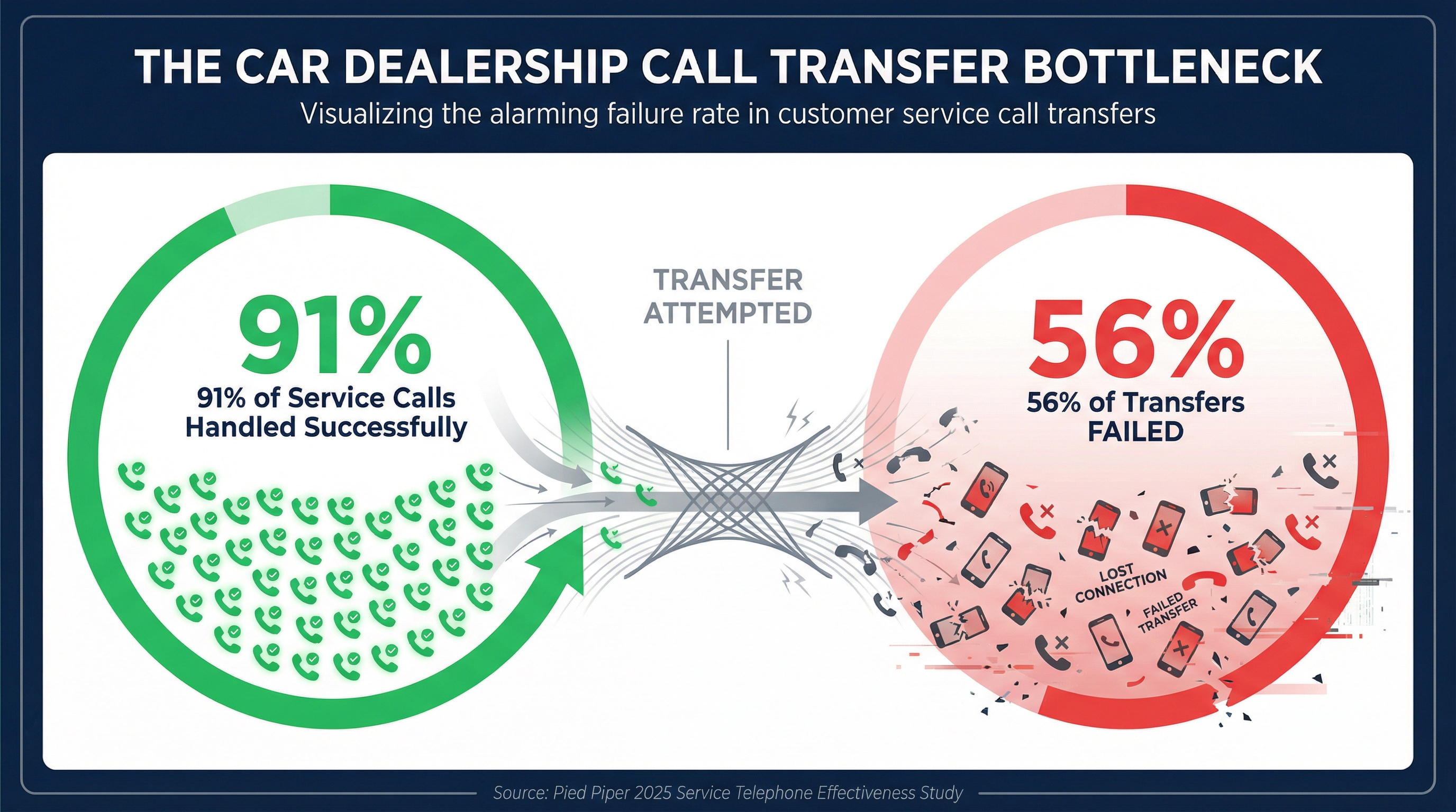 Infographic showing 91% of dealership service calls handled by AI vs 56% transfer failure rate