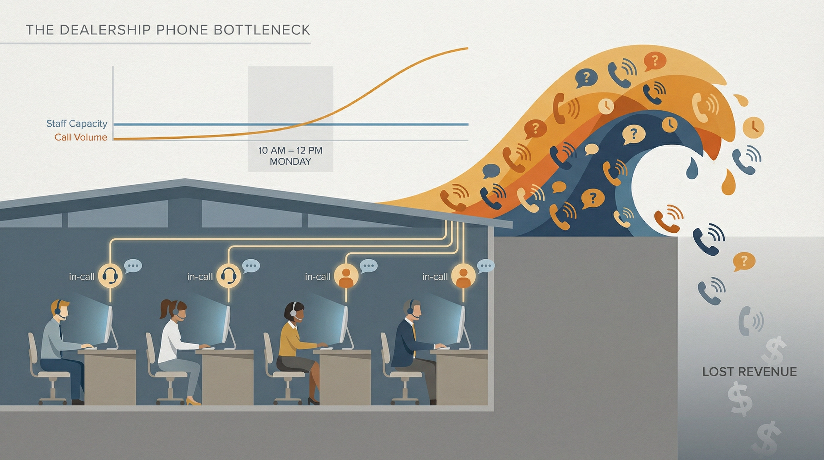 Dealership phone queue overflowing as call volume spikes beyond fixed staff capacity