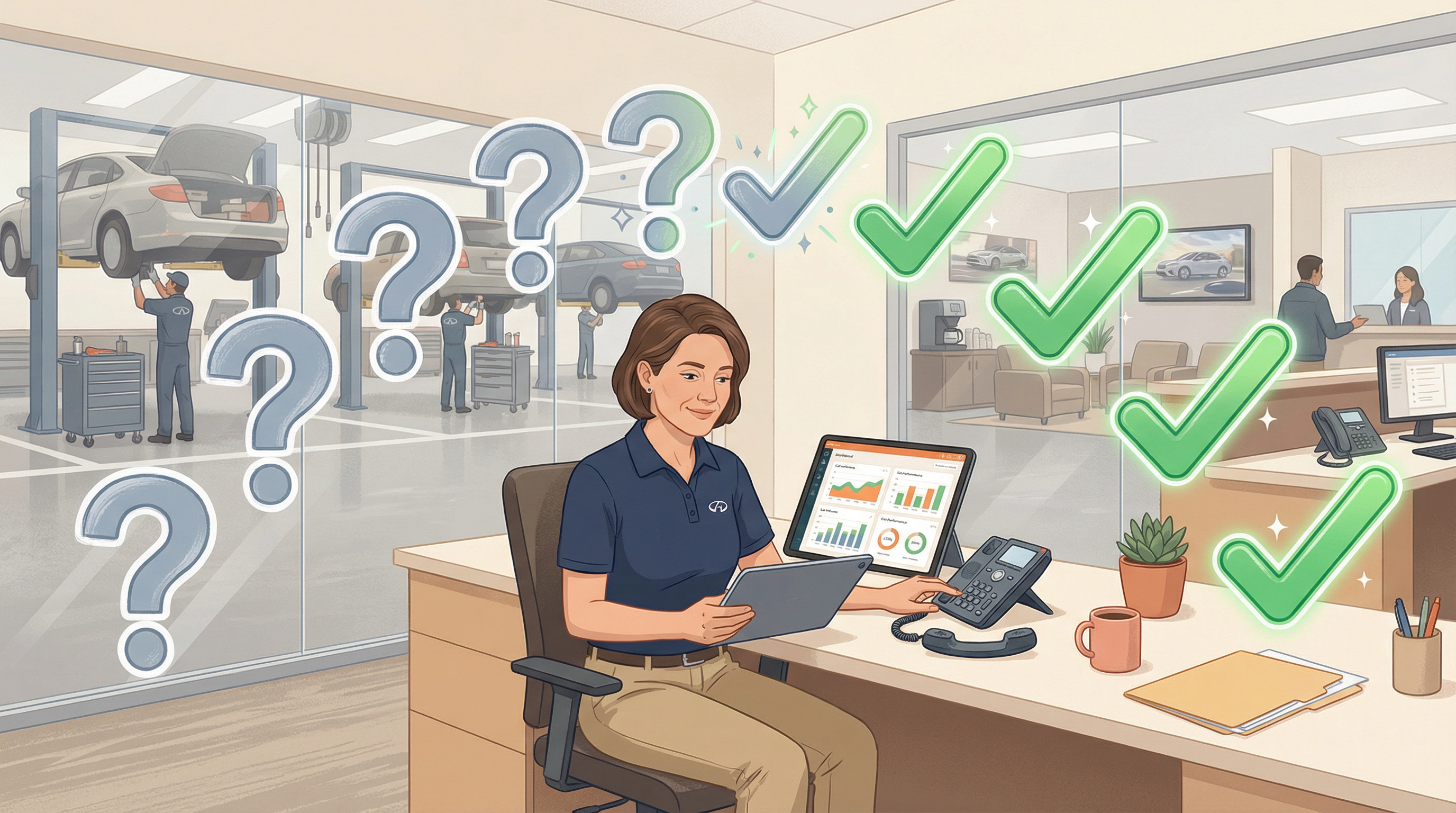 Dealership manager reviewing phone performance answers at a service desk with question marks resolving into solutions