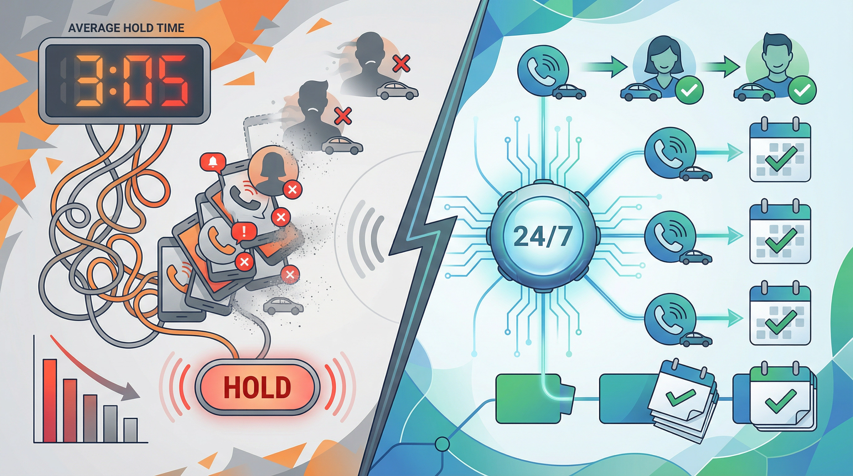 Illustration showing dealership call volume spike with customers abandoning hold queues versus AI instantly handling overflow