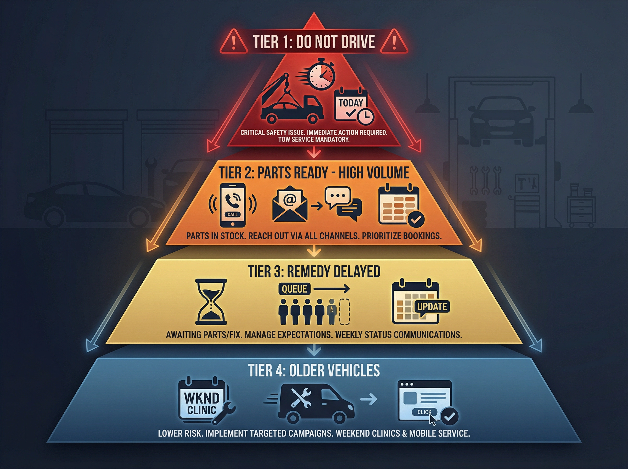 Four-tier recall prioritization pyramid showing urgency levels from critical do-not-drive at top to low-attachment vehicles at base