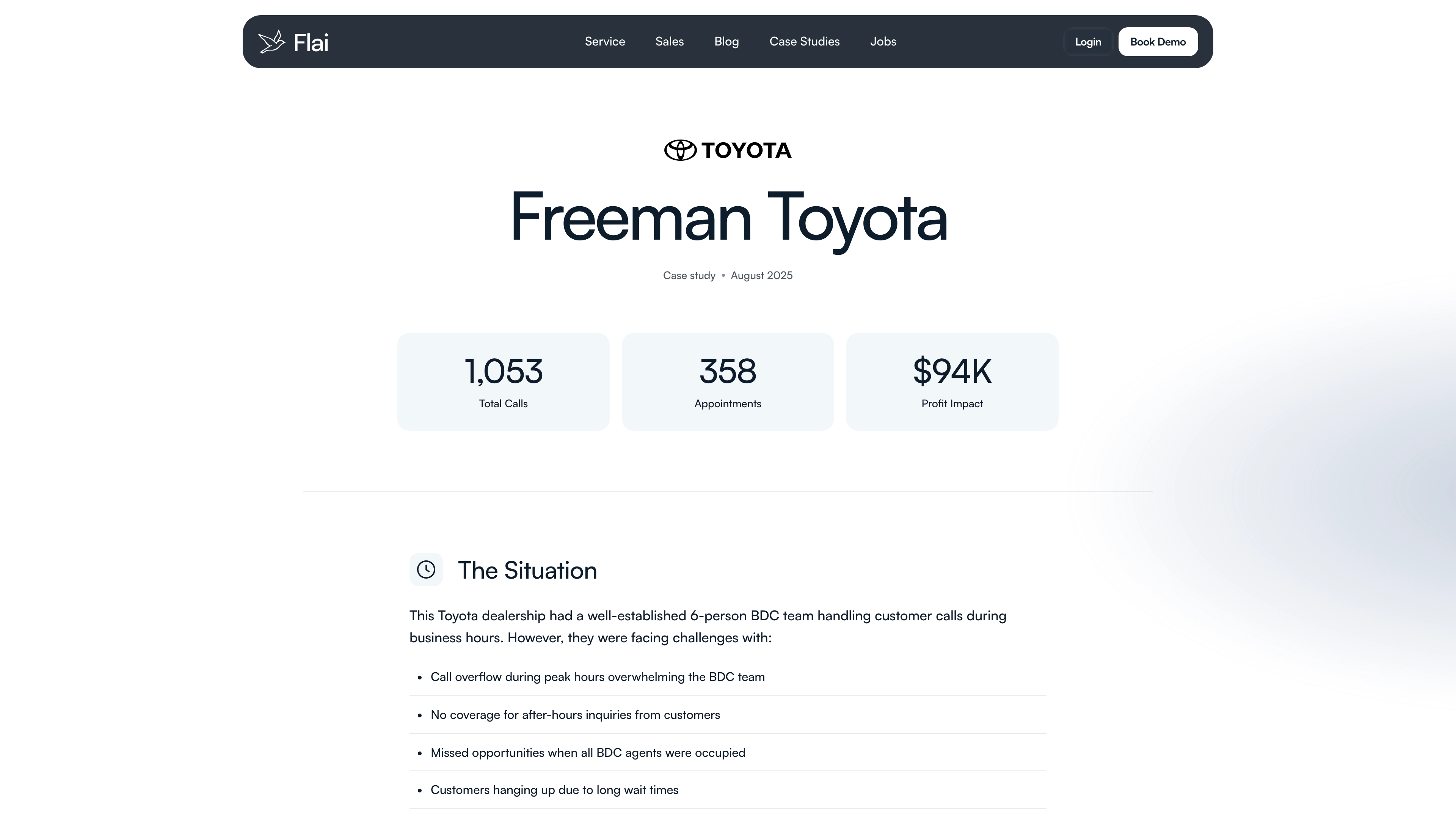 Freeman Toyota case study showing 358 appointments booked and $93,870 monthly profit impact with AI