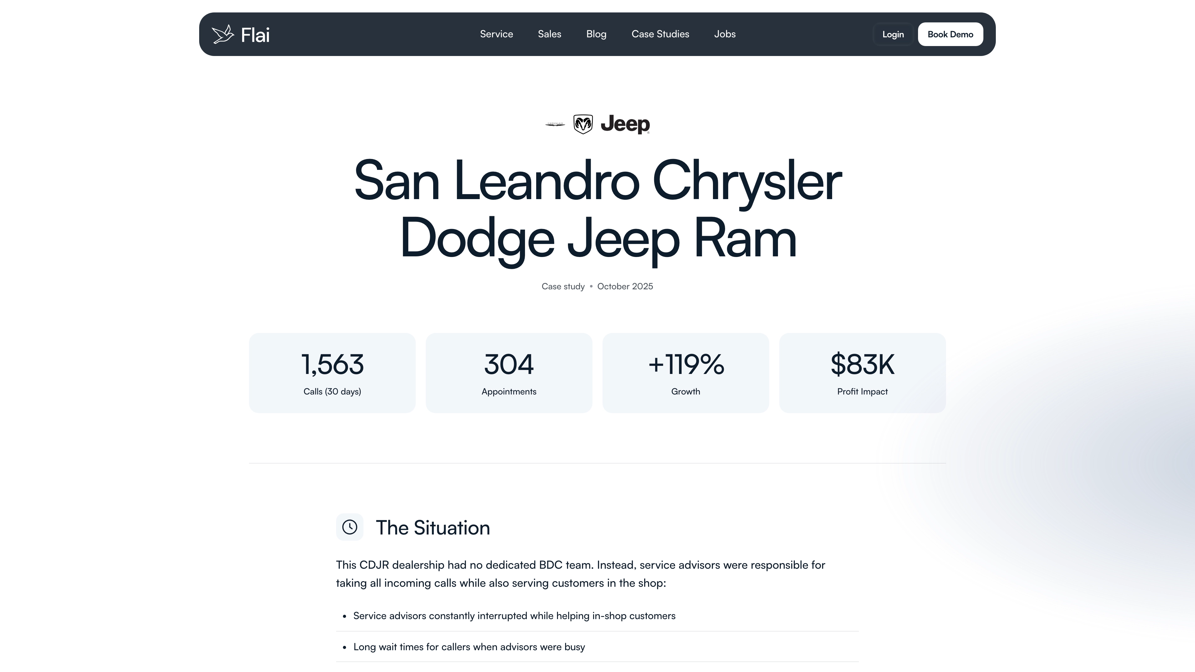 San Leandro CDJR case study showing service appointments doubled from 205 to 448 monthly with AI