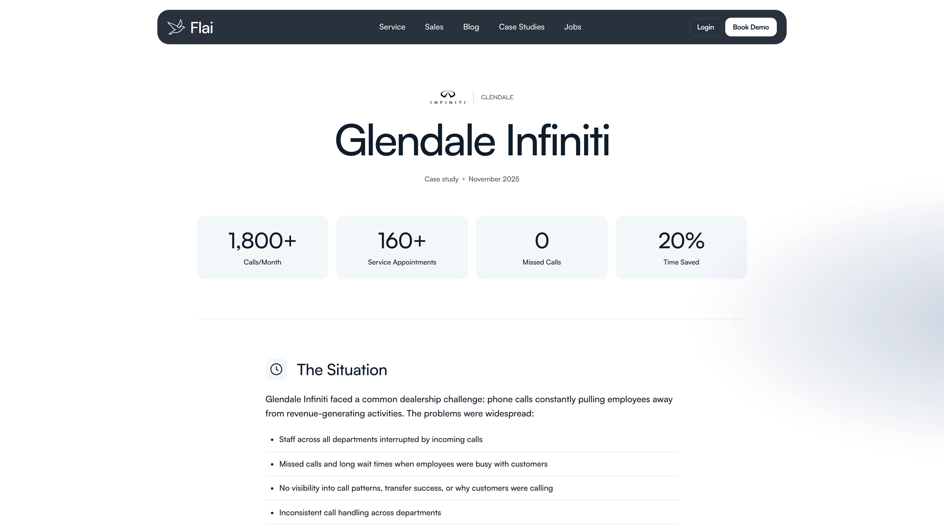 Glendale Infiniti case study showing 160+ service appointments and 20% staff time savings with AI