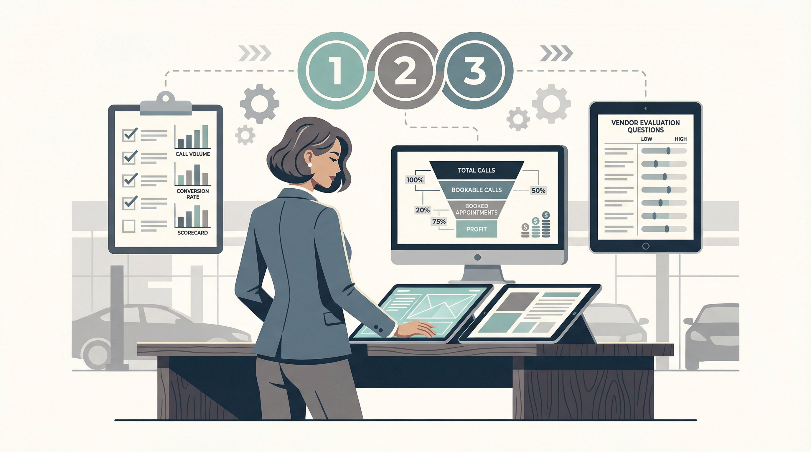 Dealership manager reviewing AI BDC vendor evaluation checklist with call data and performance metrics