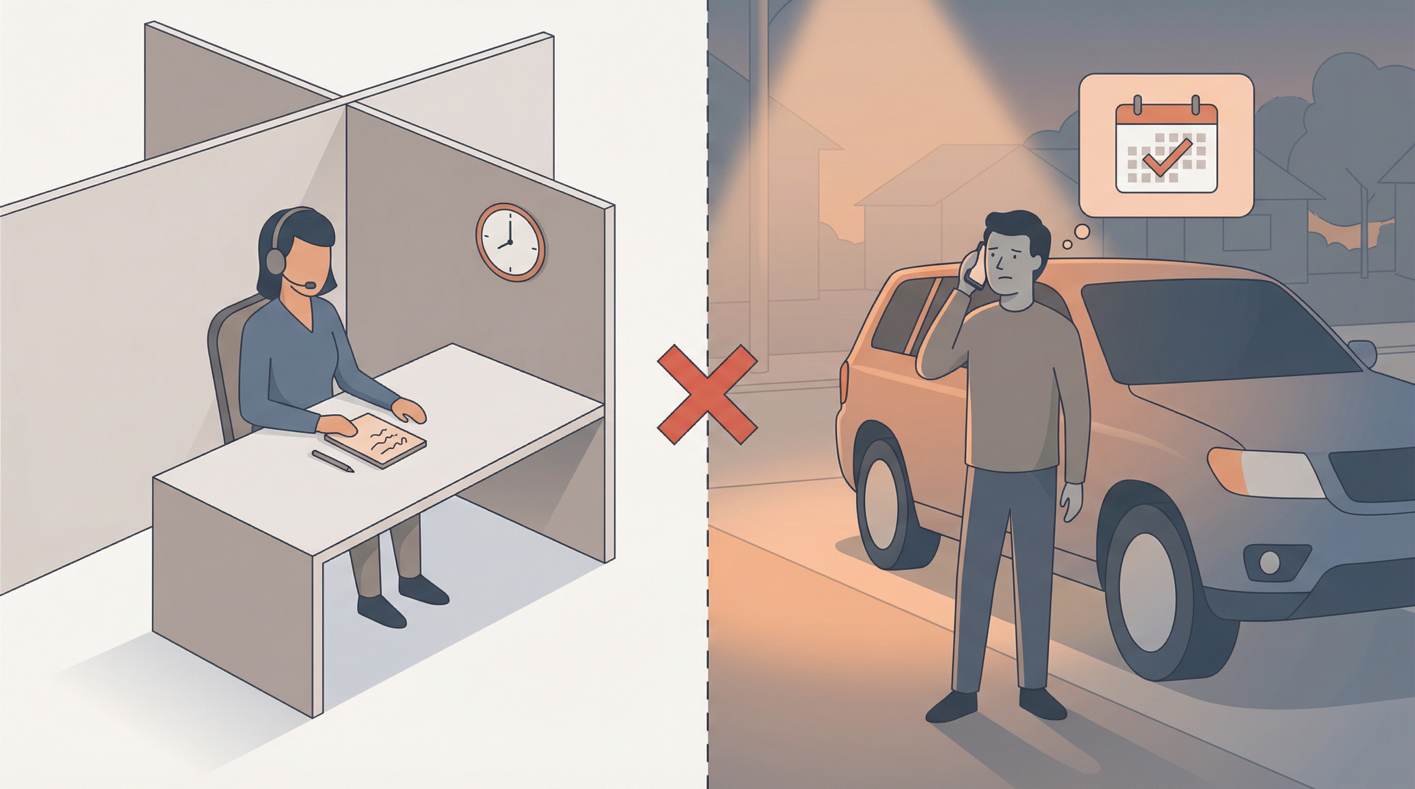 Outsourced call center agent taking a message while a frustrated customer waits for resolution