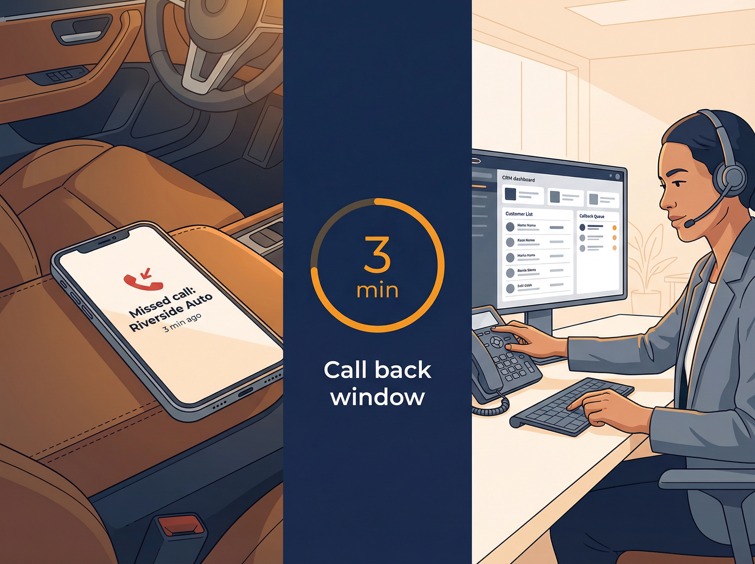 Split-panel editorial illustration: customer's phone showing a missed call on the left, BDC rep already dialing back within minutes on the right