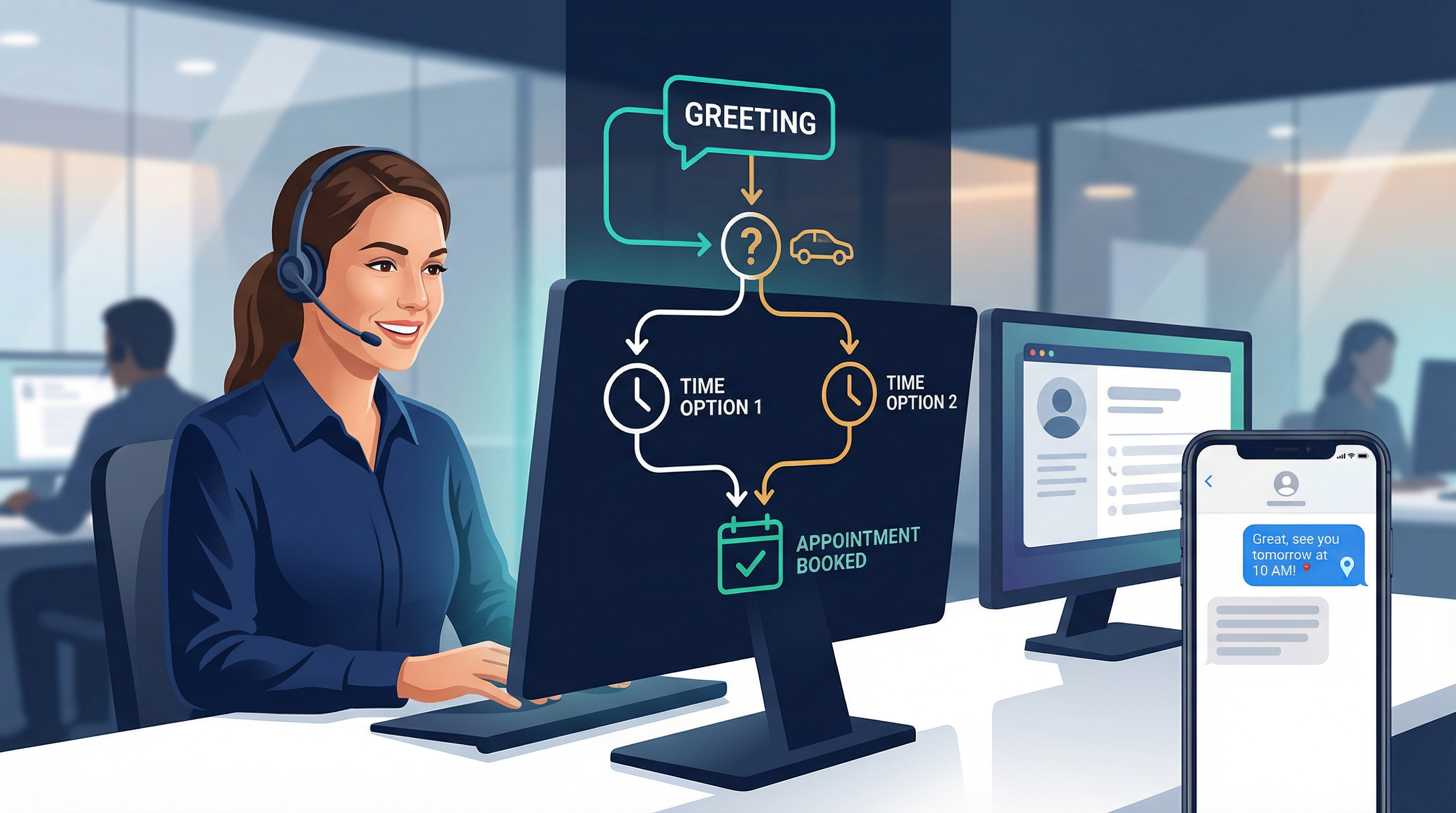 BDC sales rep booking a dealership appointment using a structured phone script workflow