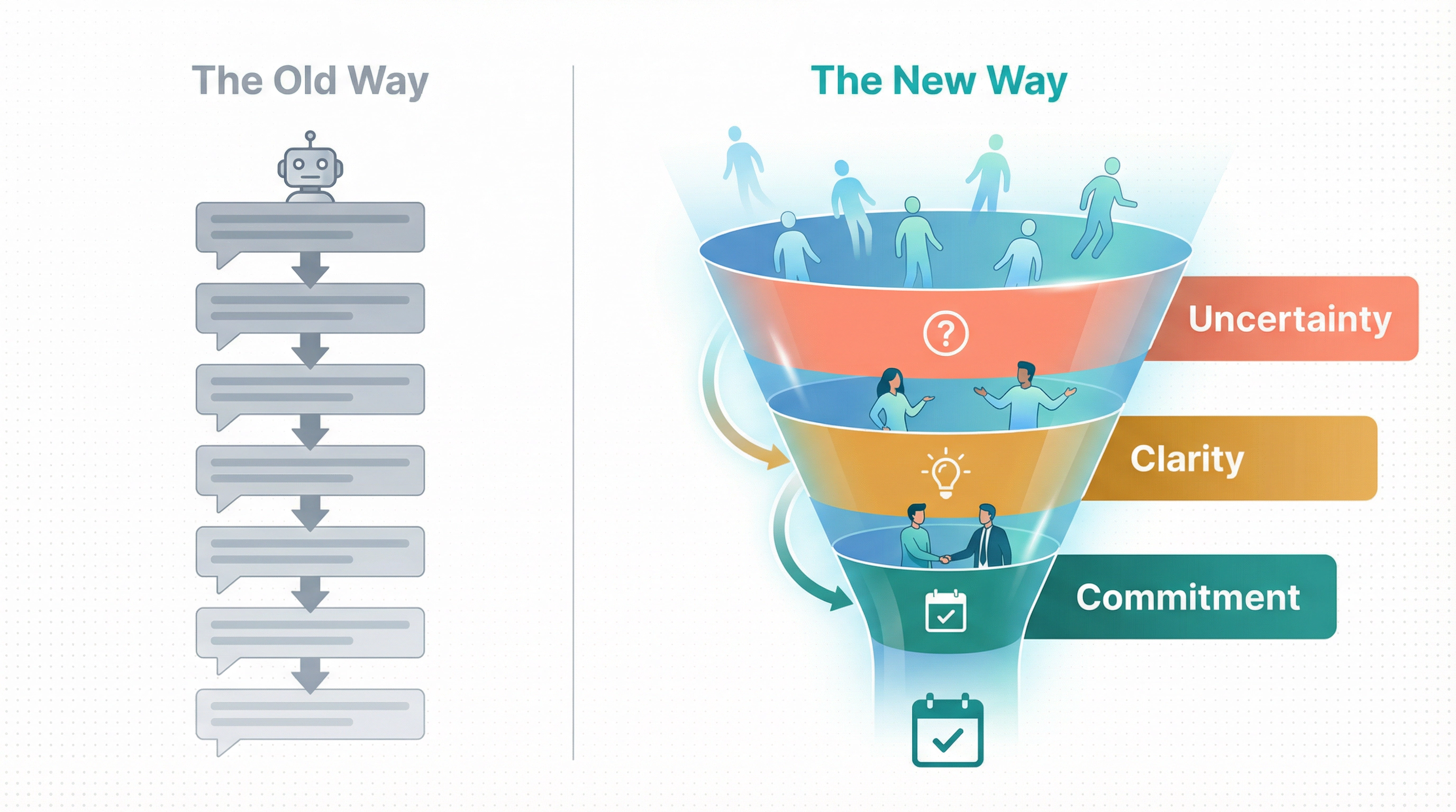 Decision funnel showing how BDC scripts move customers from uncertainty through clarity to commitment