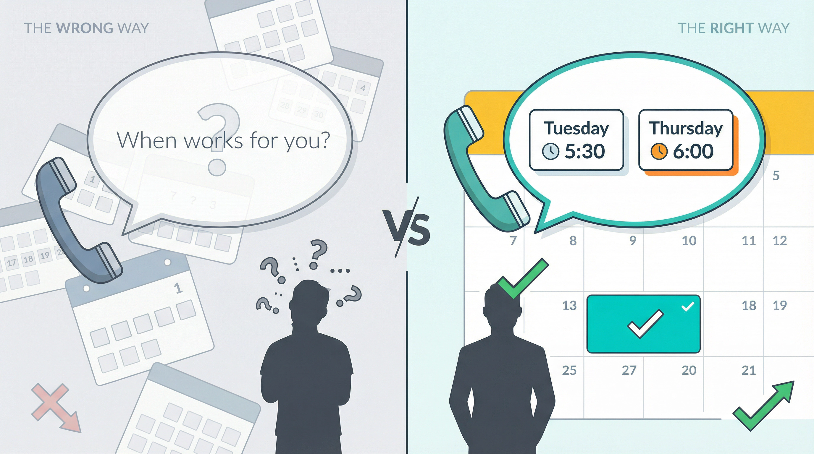 Split illustration showing open-ended question creating caller confusion versus two concrete appointment times creating momentum