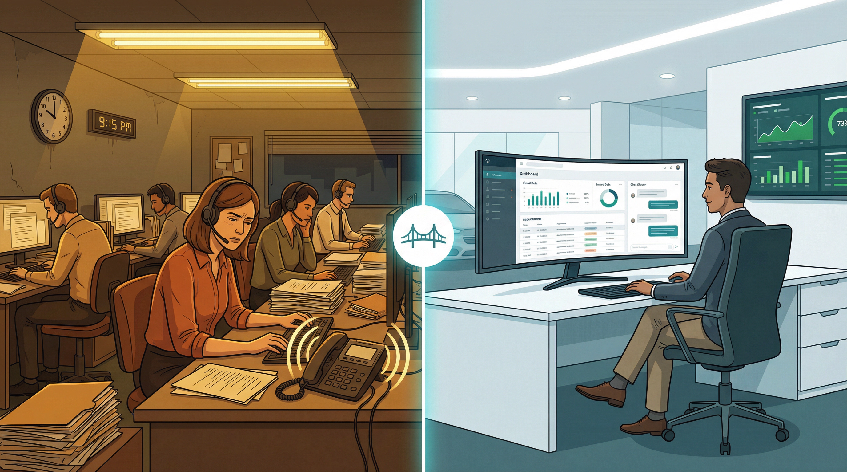 Editorial split-scene comparing traditional call center BDC on the left with a modern AI-powered hybrid dealership BDC on the right