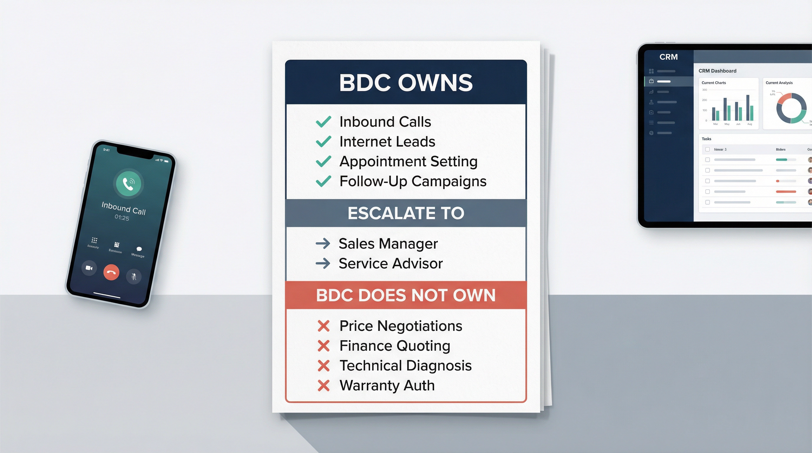 BDC charter document showing clear ownership zones: channels owned, outcomes owned, and what the BDC does not own