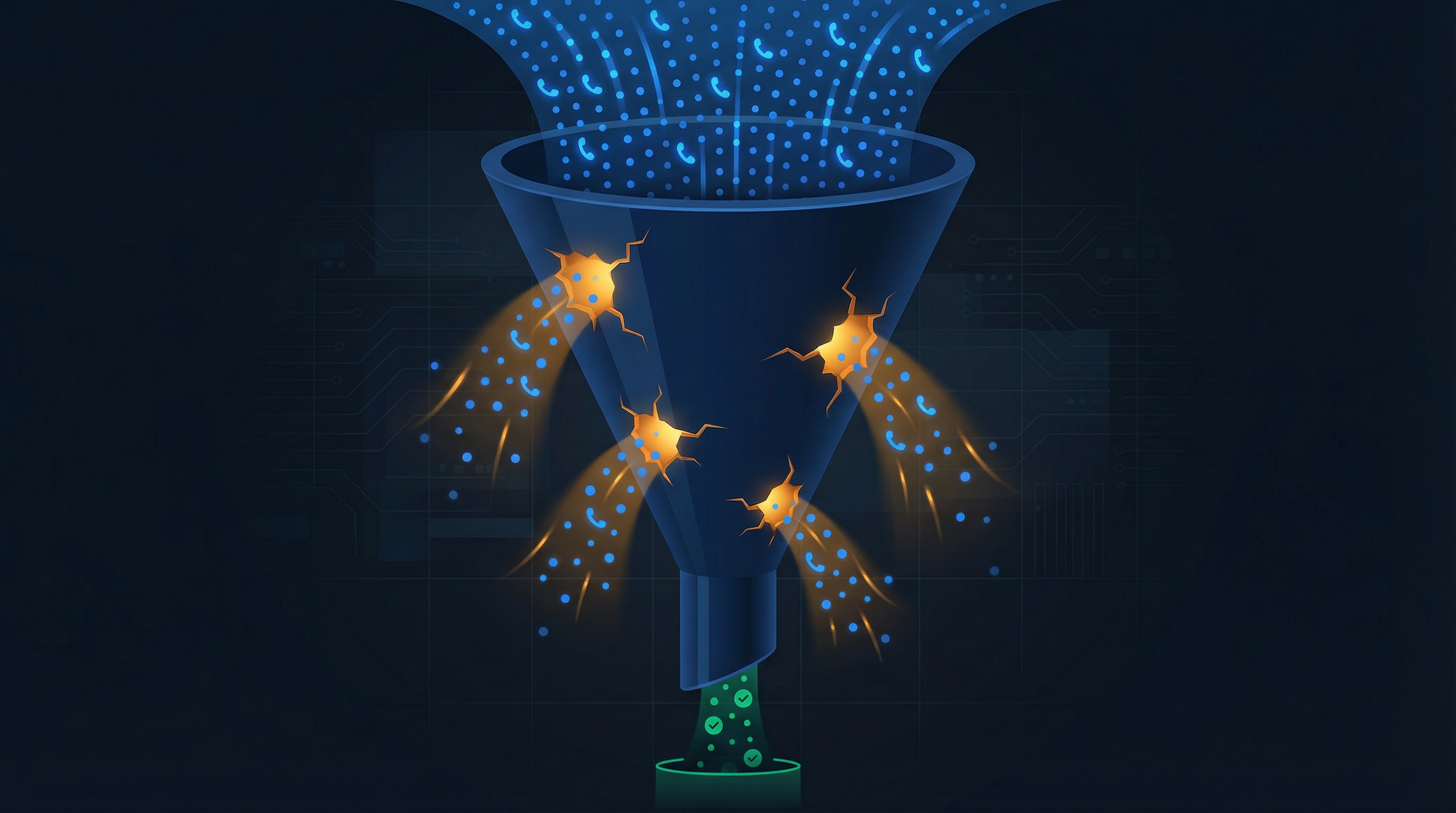 Editorial illustration of a BDC lead funnel with five structural holes leaking opportunities before they reach booked appointments
