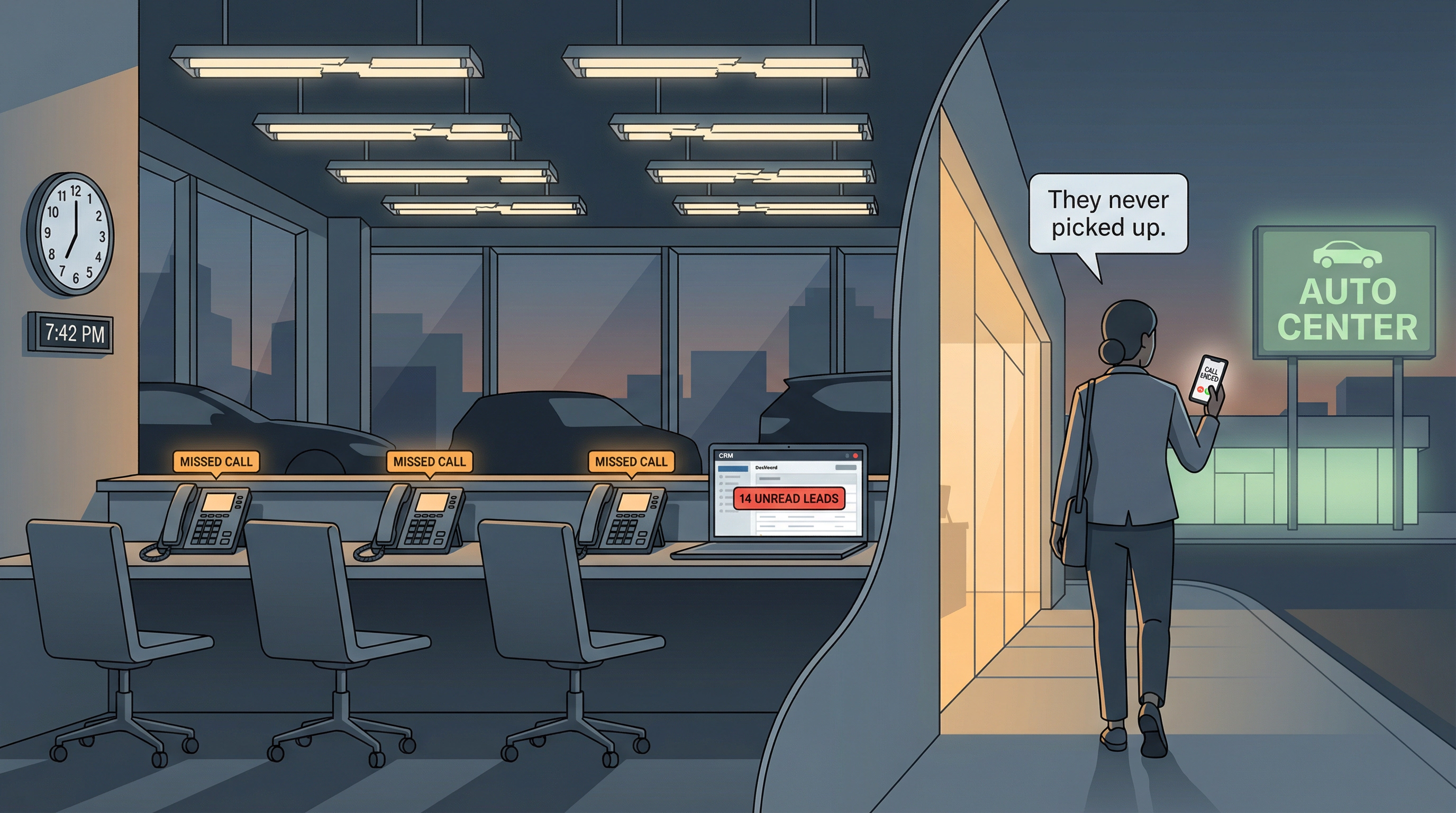 Car dealership at dusk with unanswered ringing phones and a customer walking away, illustrating the missed-call response problem