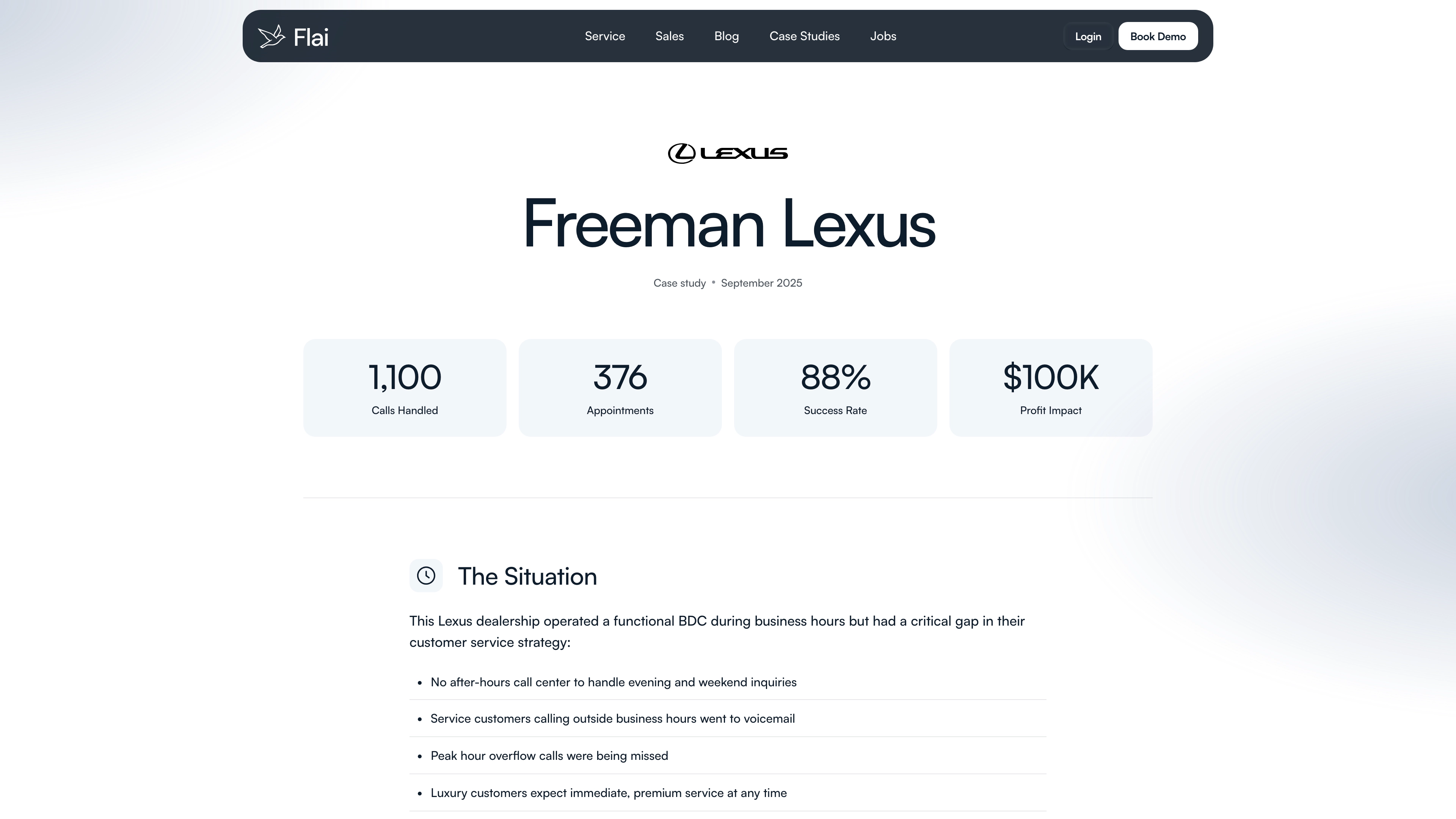 Freeman Lexus case study on Flai: 1,100 calls handled, 88% success rate, and $100K profit impact from AI phone handling