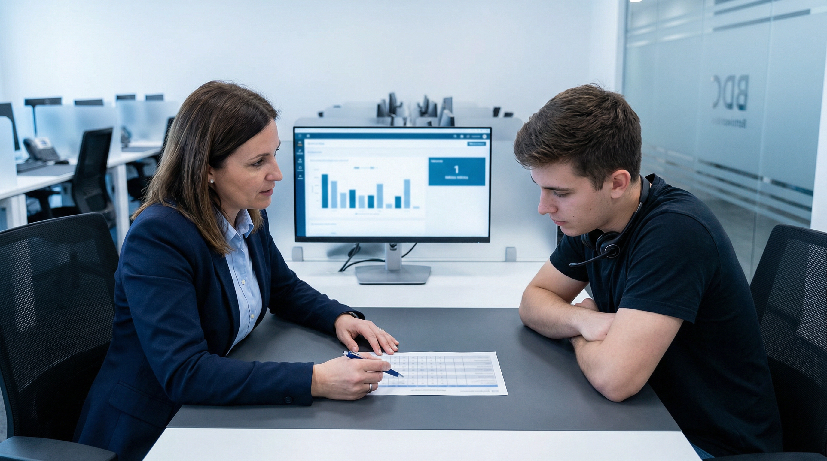 Dealership BDC manager reviewing a call scoring rubric with a rep at a modern automotive call center workstation