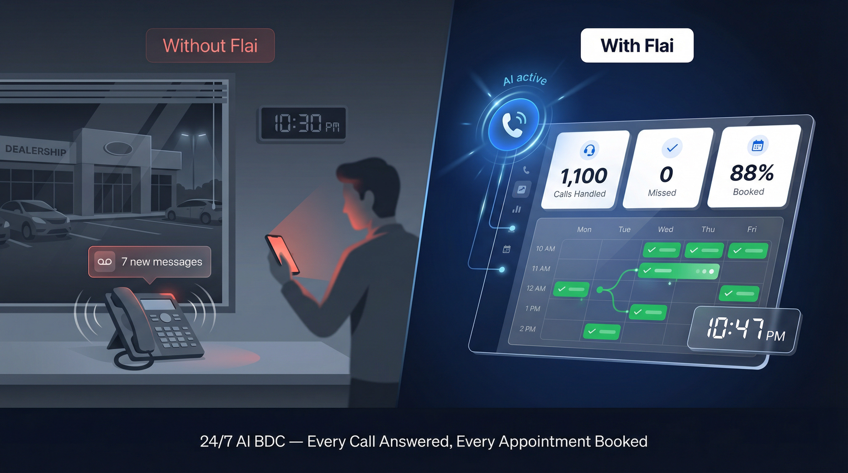 Flai AI BDC dashboard showing 1,100 calls handled with zero missed and 88% booked at a car dealership after hours