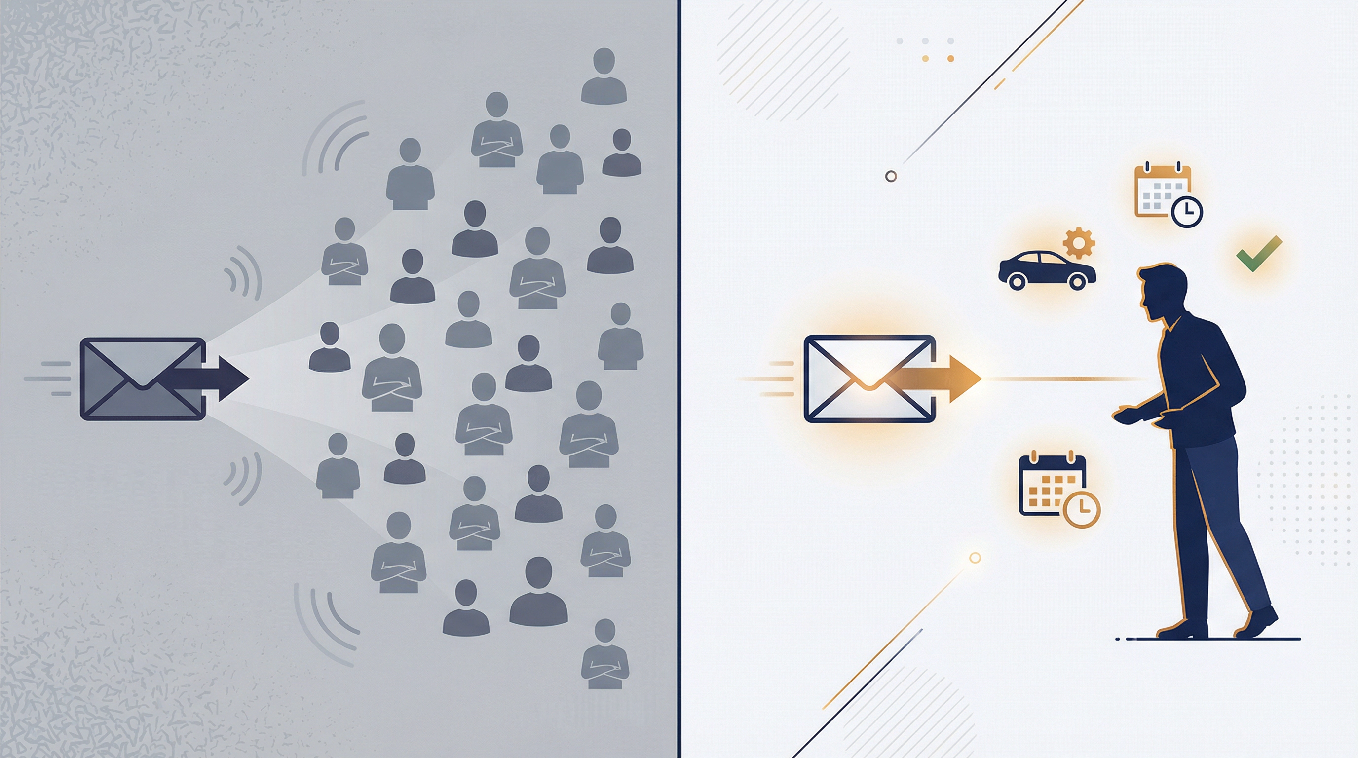 Split-panel editorial illustration contrasting generic dealership email blast vs. triggered personalized email landing at the right customer moment