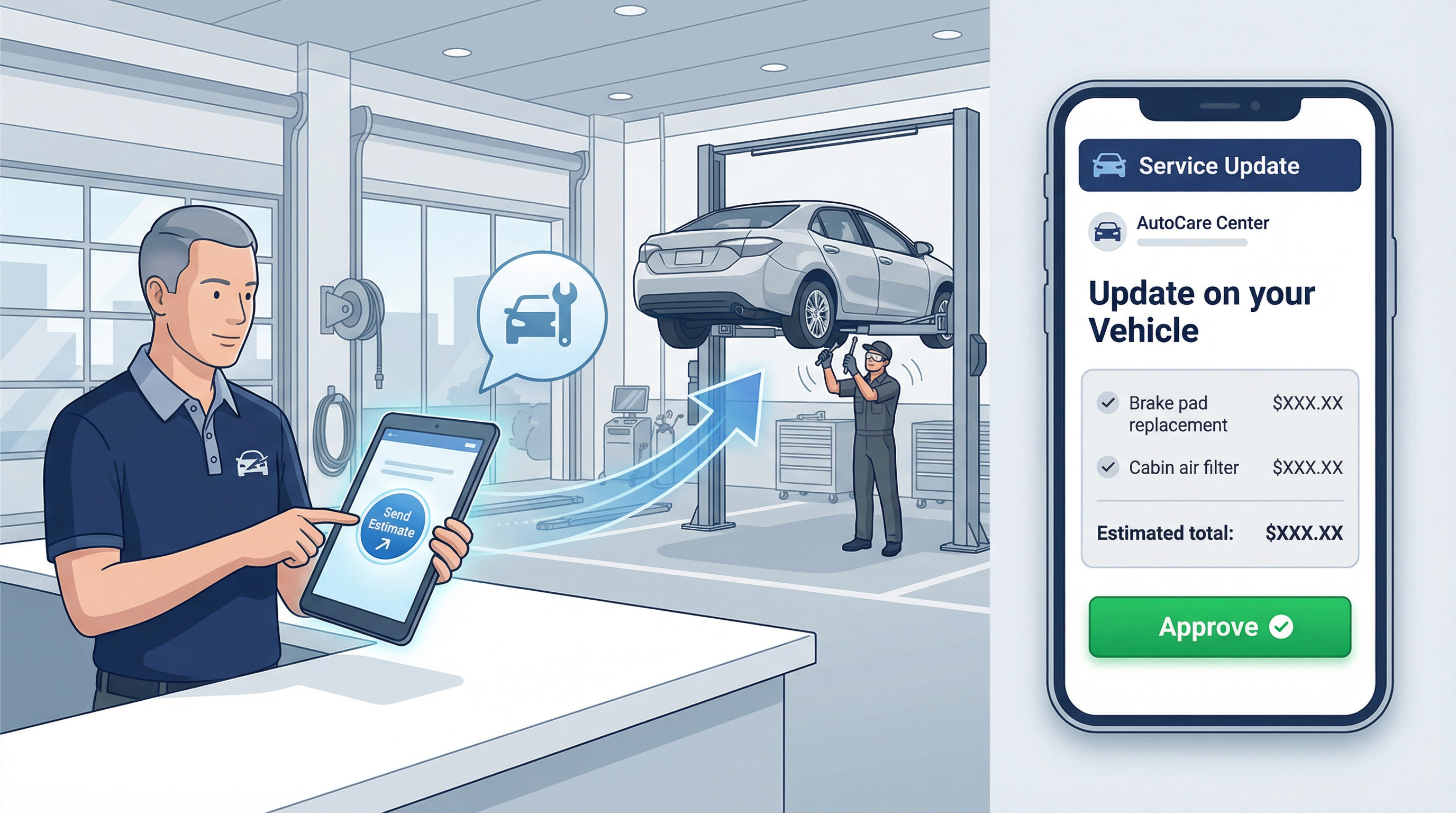 Service advisor sends digital repair estimate to customer's phone for one-tap approval while car is in dealership service bay