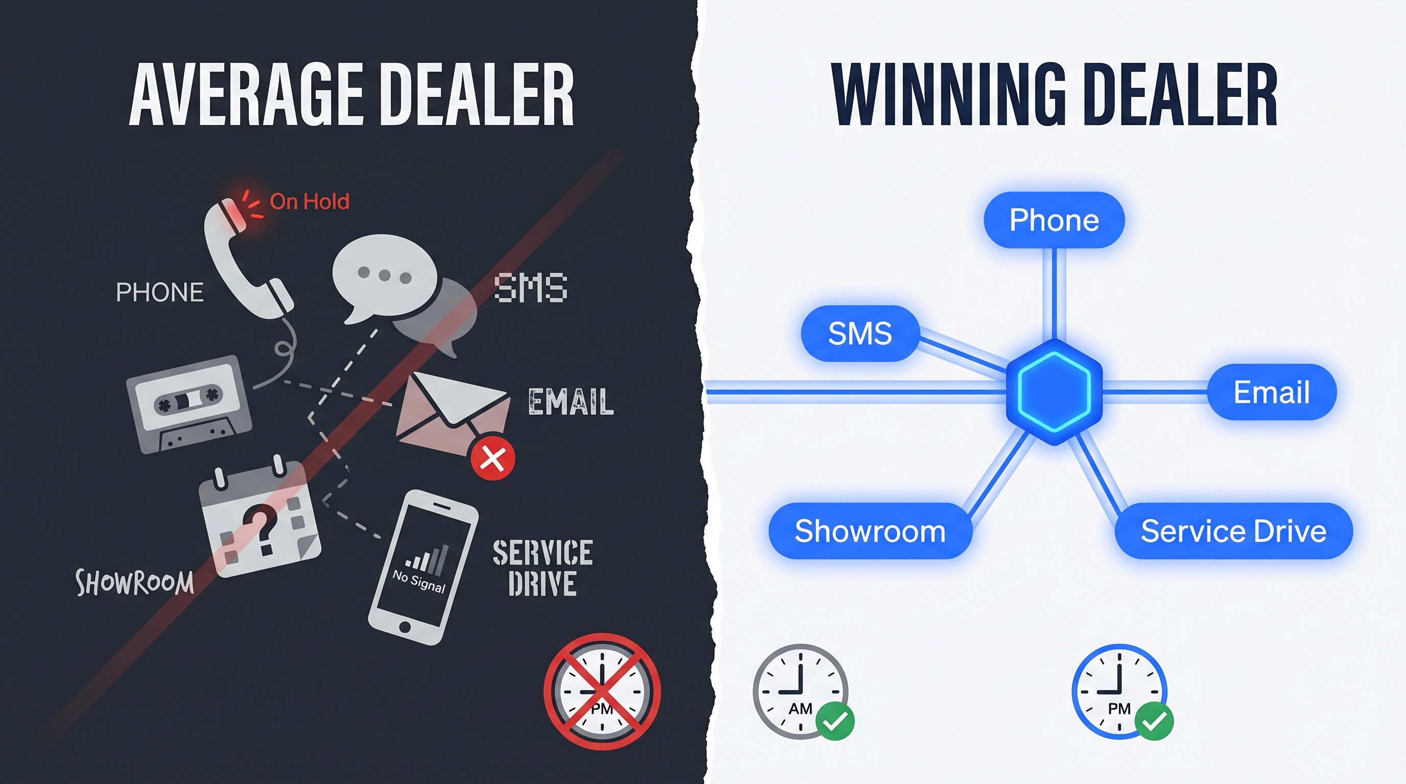 Split editorial illustration comparing the fragmented communication patchwork of average dealerships versus the unified layer of winning dealerships