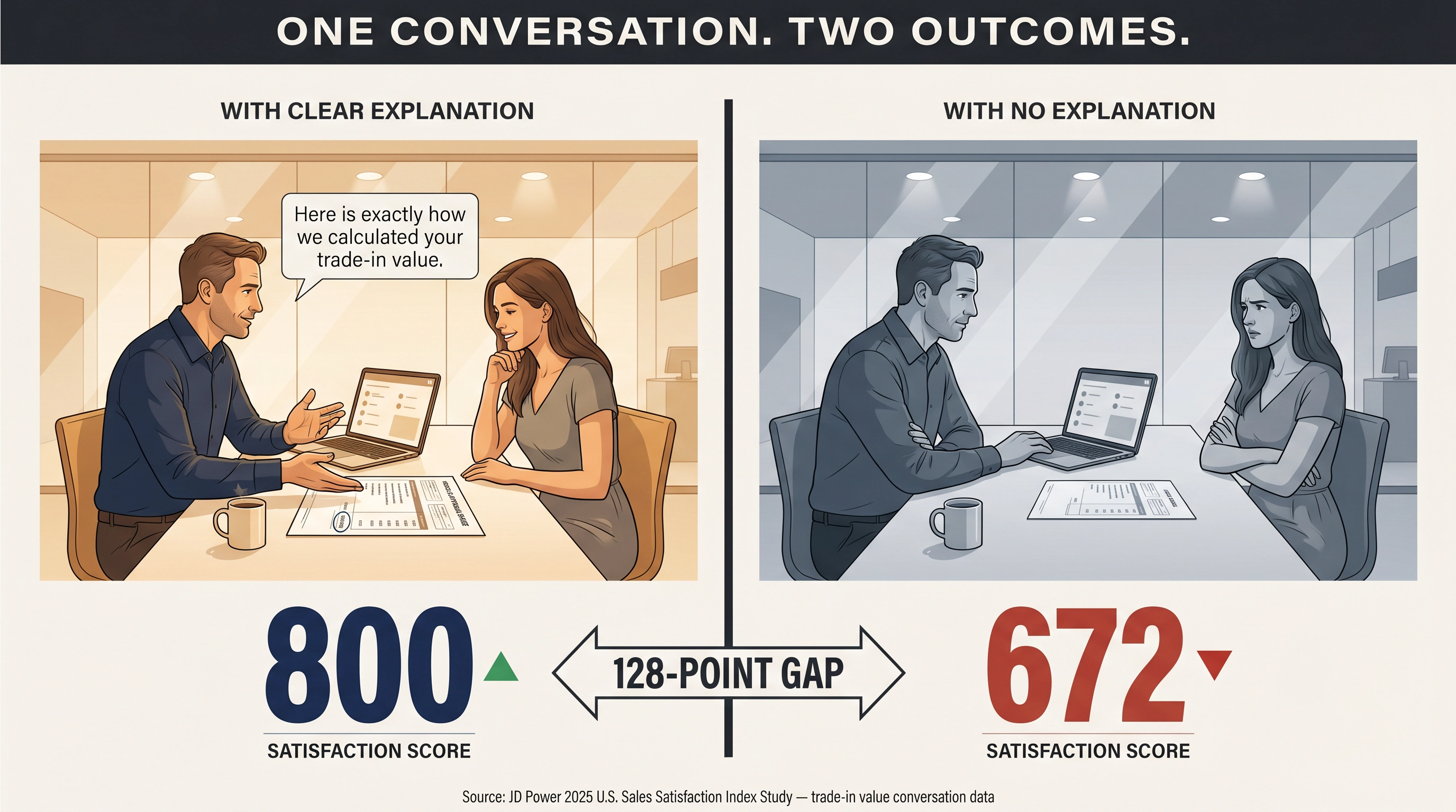Split-panel illustration showing 128-point JD Power satisfaction gap: explained trade-in scores 800, unexplained scores 672