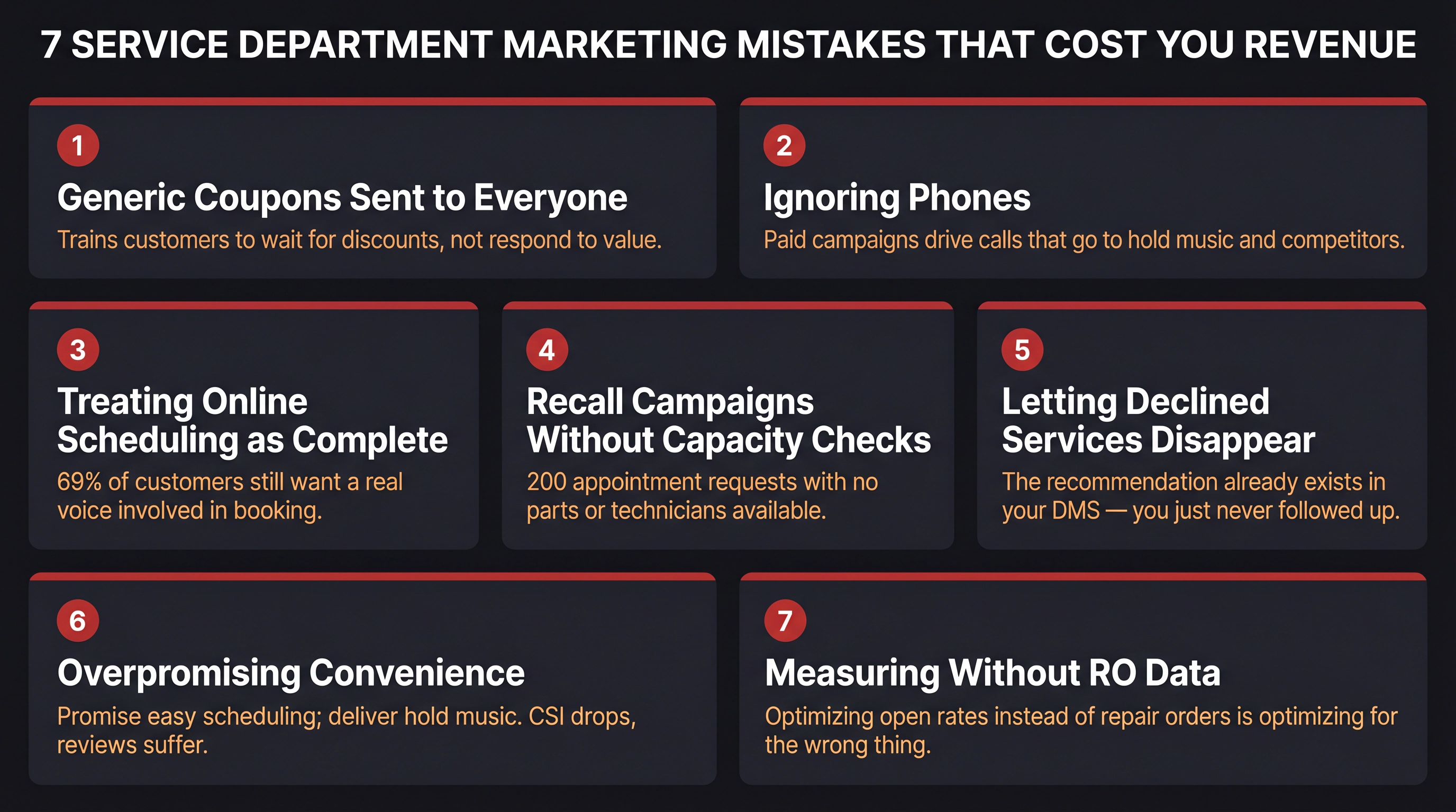 Seven service department marketing mistakes shown as bold editorial warning cards on a dark background, each with a title and consequence