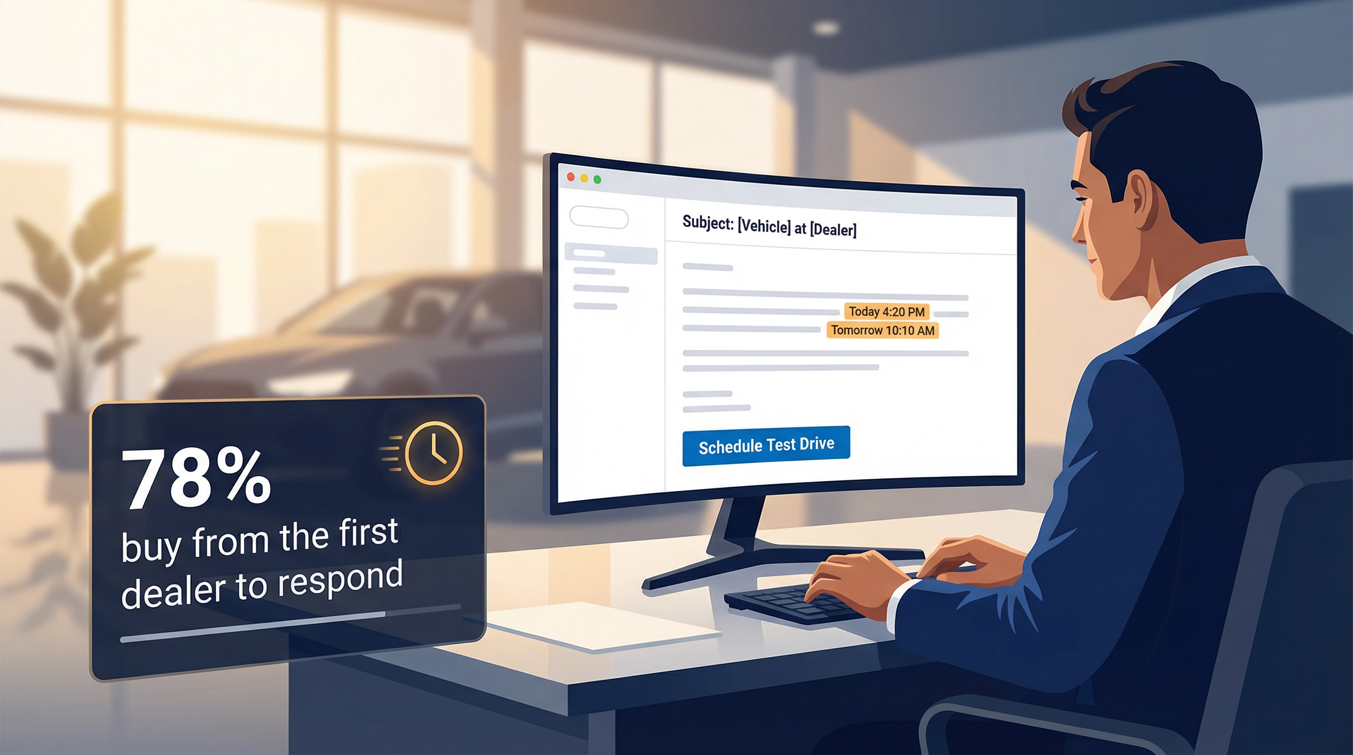 Dealership BDC rep composing a fast, precise sales lead response email with appointment time slots visible on screen