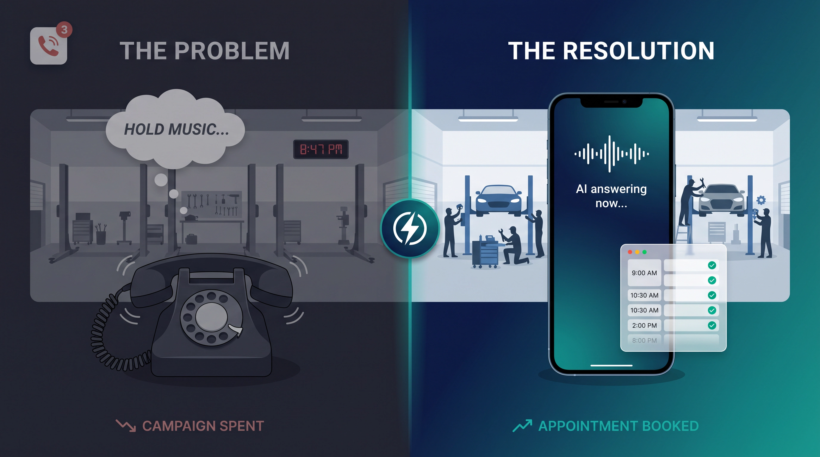 Split editorial illustration: left panel shows unanswered dealership phone and empty service bay; right panel shows AI instantly booking an appointment and a full service calendar