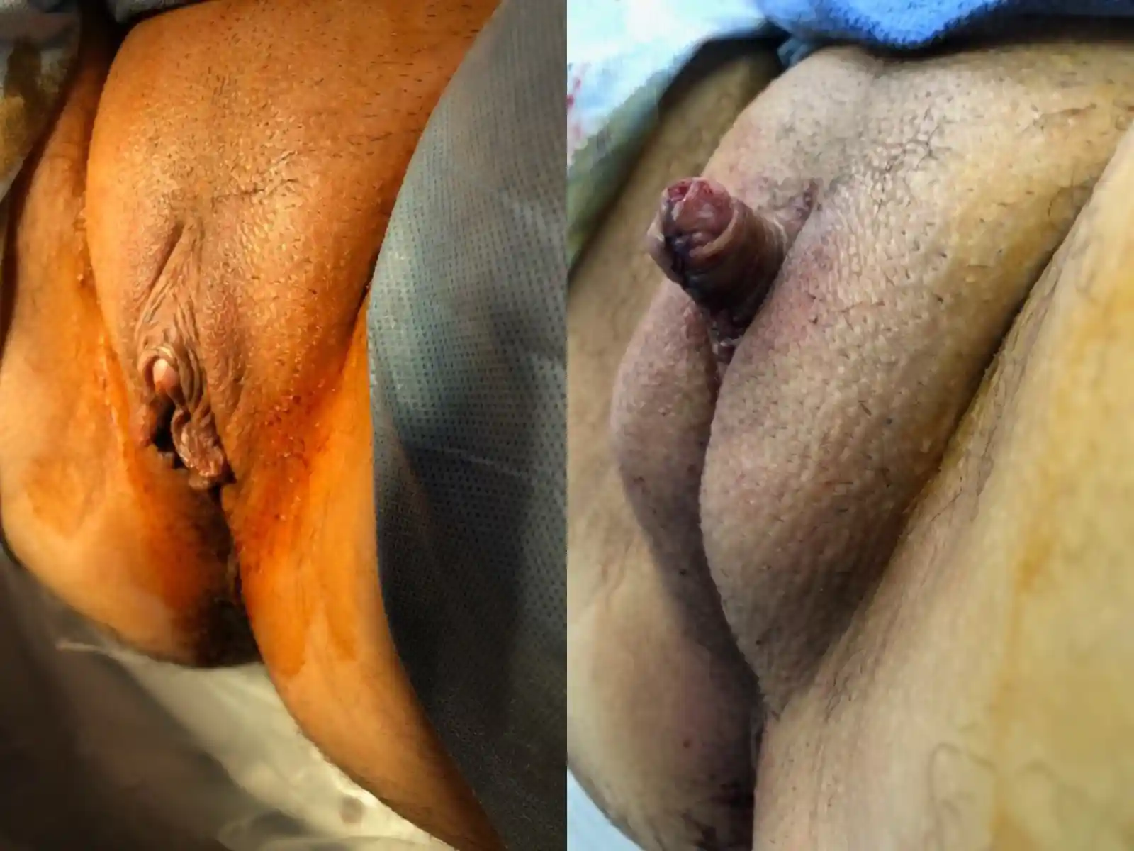 Before and after metoidioplasty with testicular implants. The patient chose not to have scrotoplasty and wanted a single procedure.