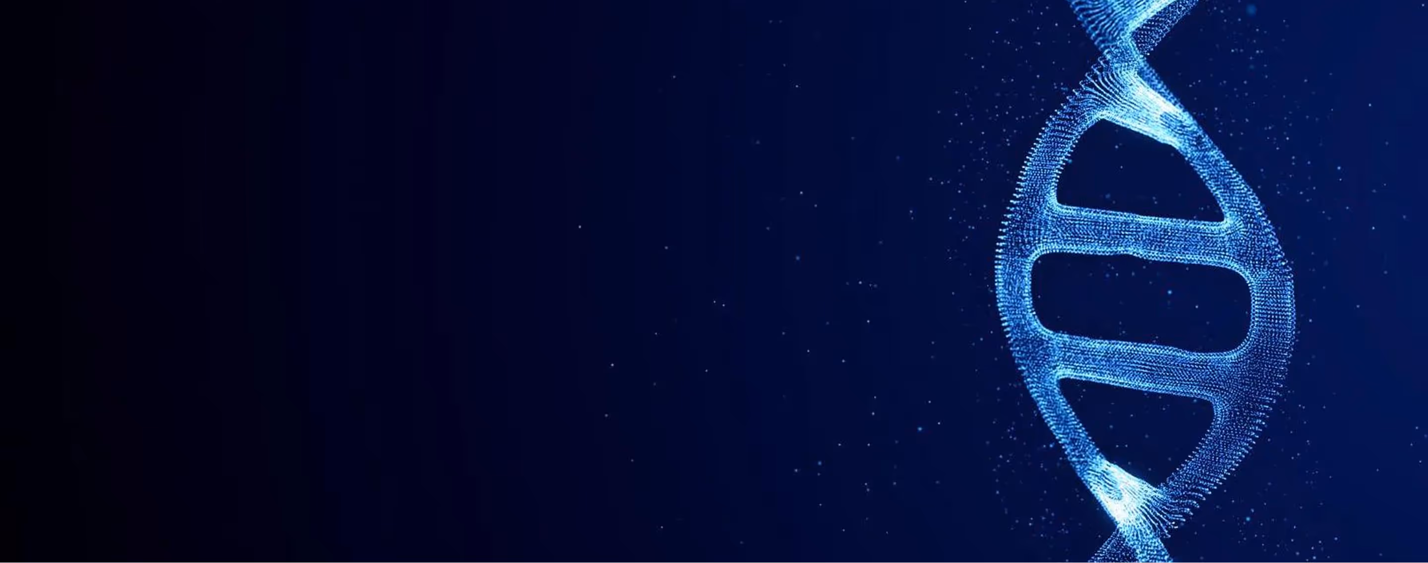 Glowing blue digital representation of a DNA double helix against a dark blue background.