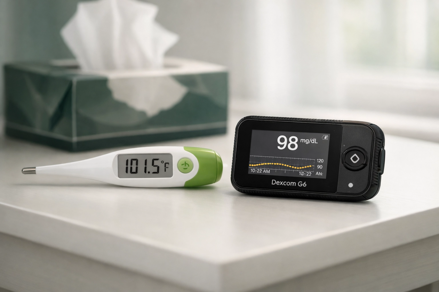Thermometer and continuous glucose monitor on bedside table showing Type 1 Diabetes management during illness