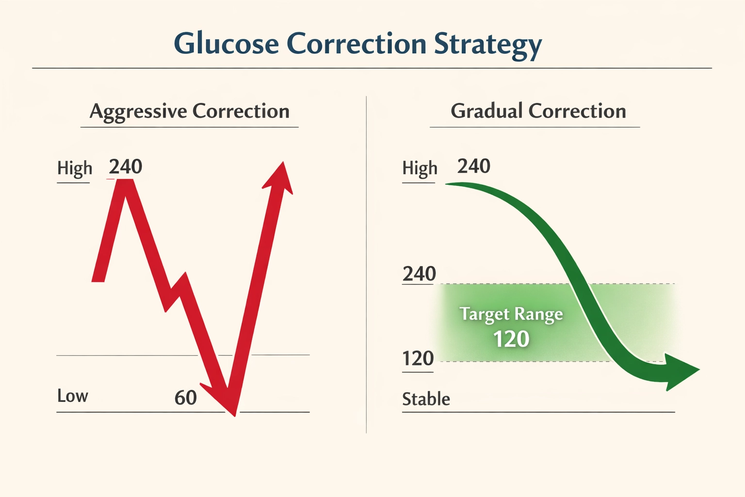 Gradual blood sugar correction to target range versus aggressive correction causing roller coaster effect