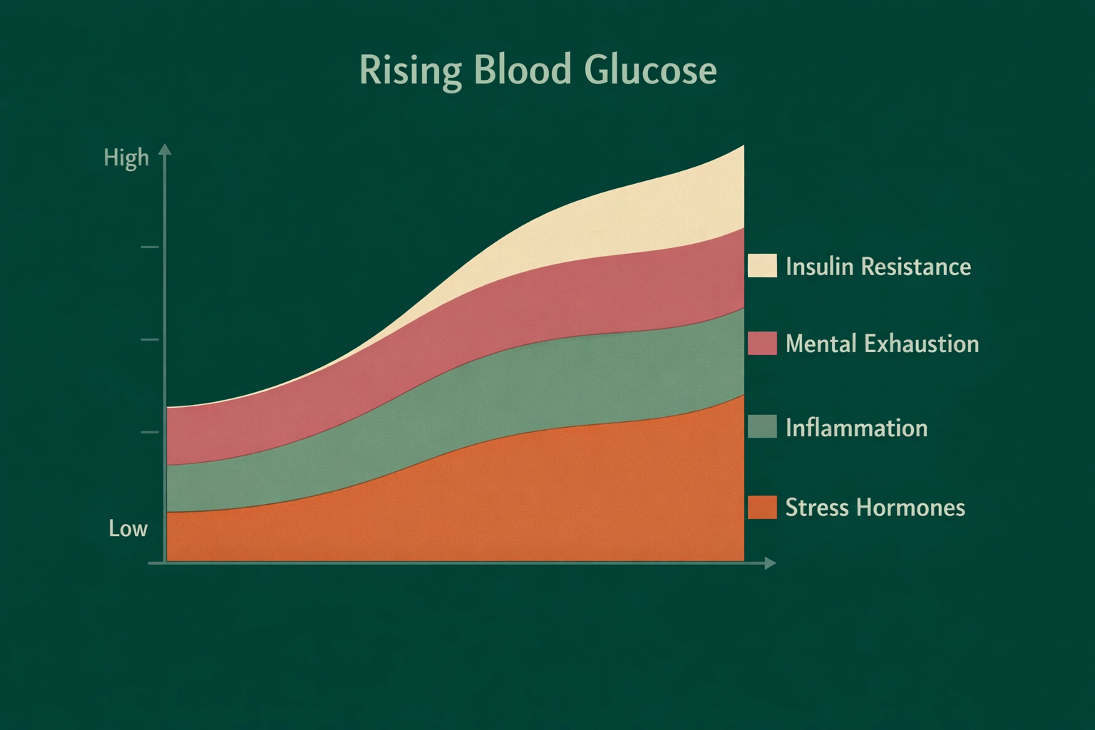 Stacked chart showing stress hormones, inflammation, and insulin resistance raising blood glucose levels