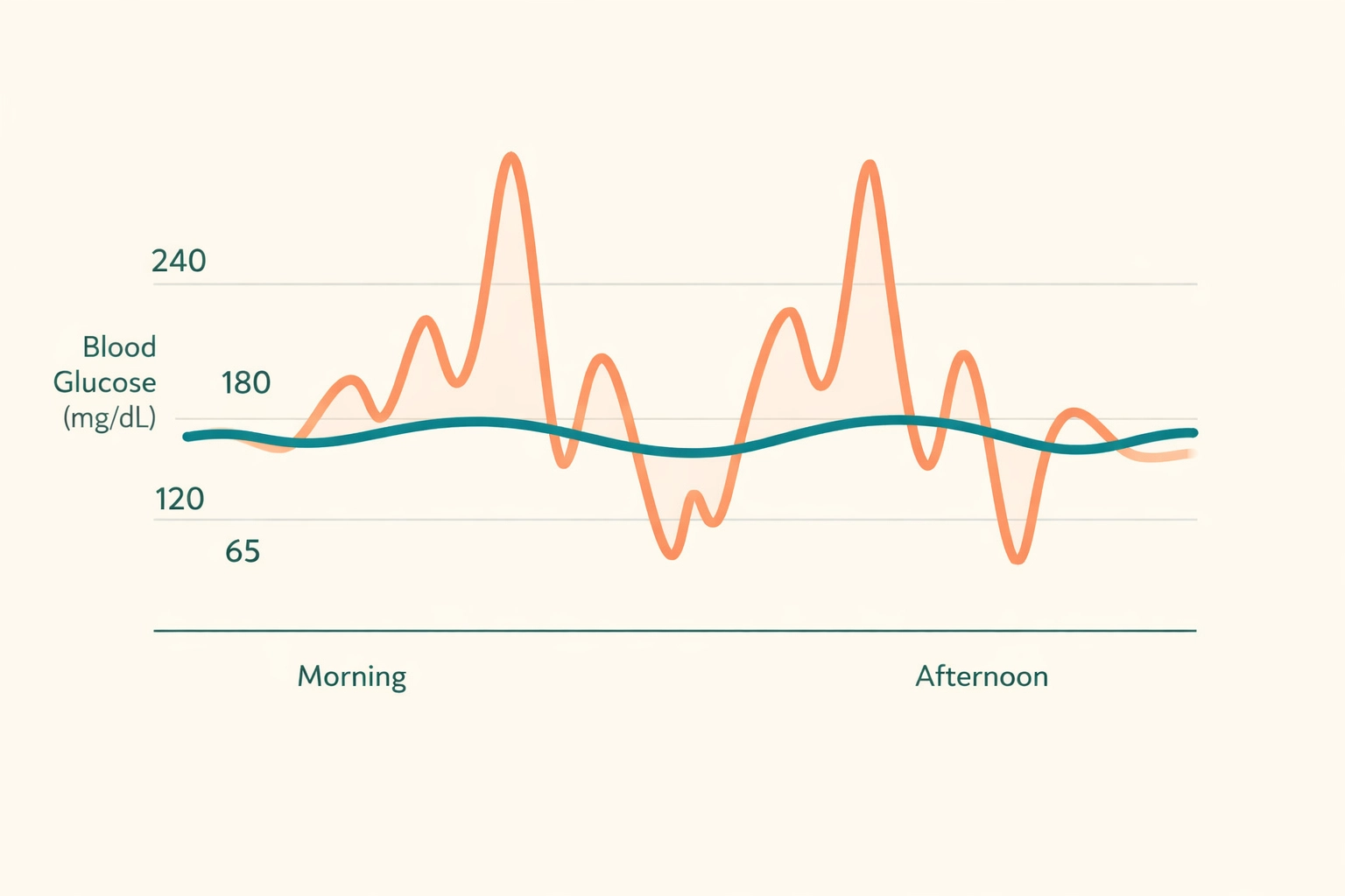 Two blood glucose line graphs showing predictable vs. erratic insulin sensitivity