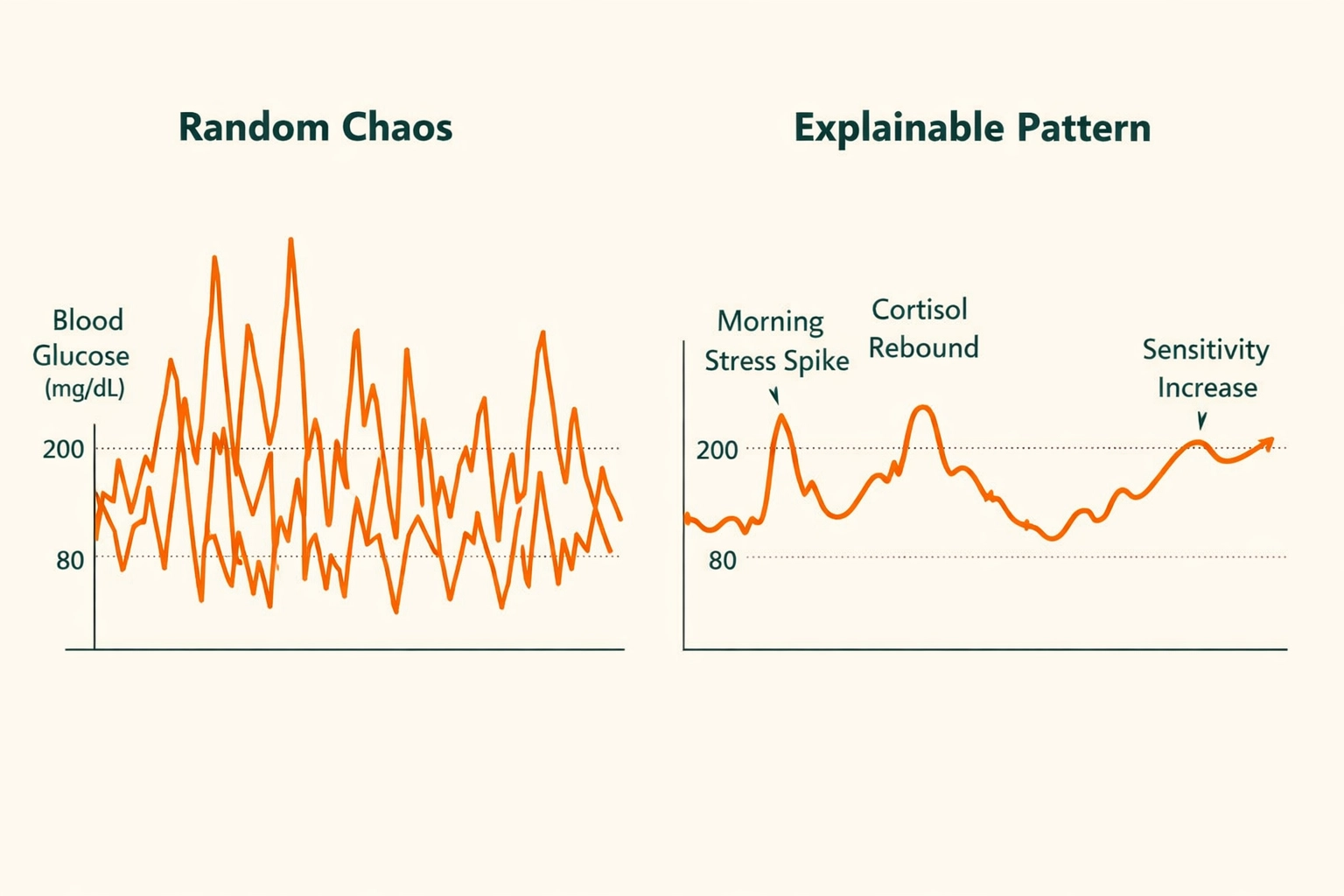Blood glucose graphs showing random chaos versus identifiable stress-related patterns