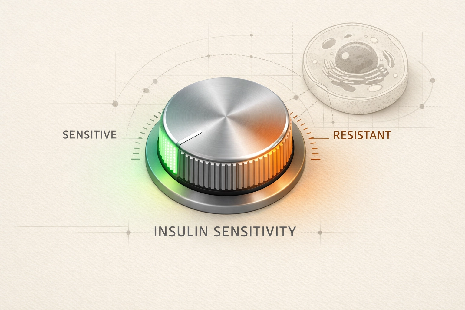 A dial showing the spectrum of insulin sensitivity and insulin resistance in type 1 diabetes management.