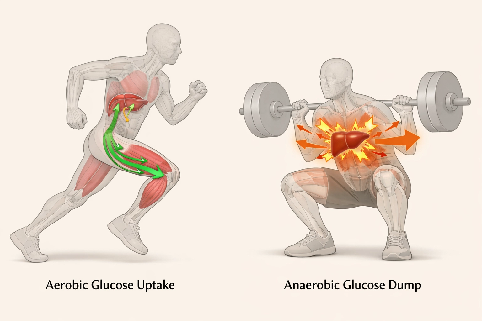 Comparison of T1D aerobic vs anaerobic blood sugar responses showing glucose uptake and liver glucose dump.