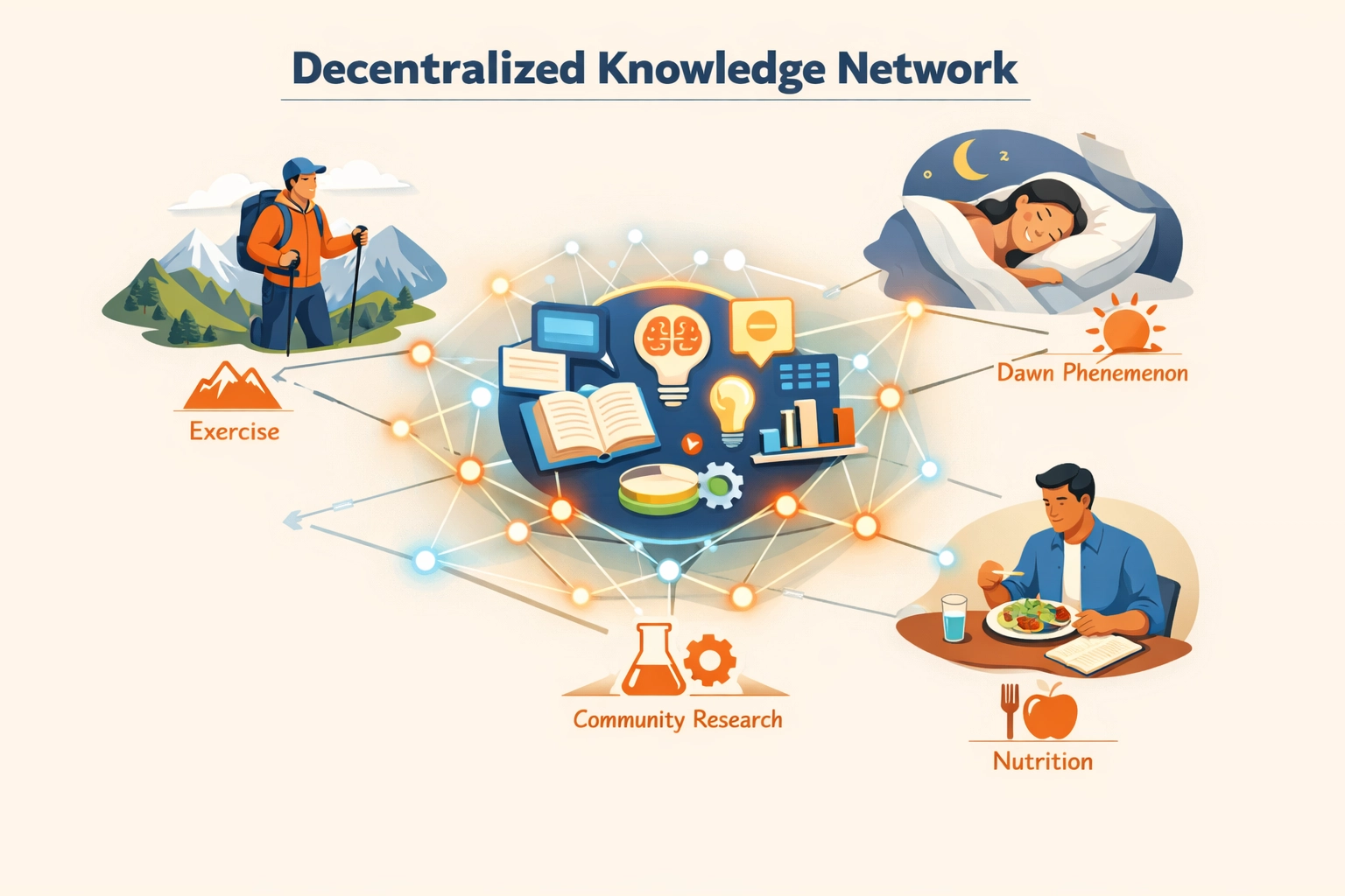 Illustration of a T1D online community sharing collective knowledge and data for better diabetes management.