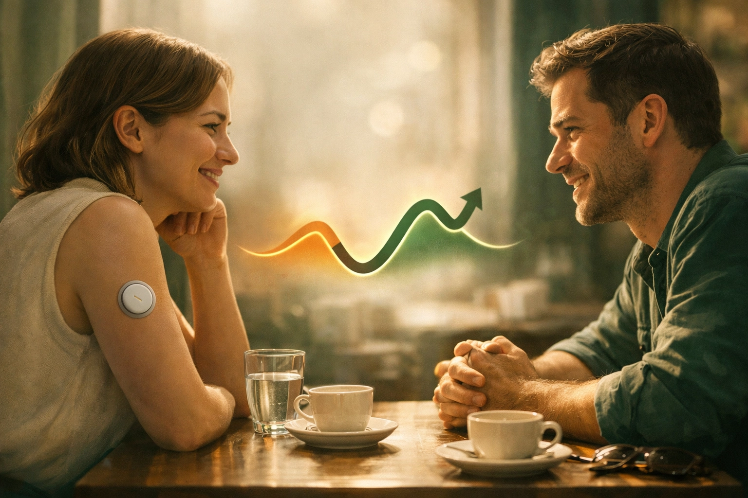 Two people with type 1 diabetes connecting at a cafe, illustrating the relief of finding a T1D community.