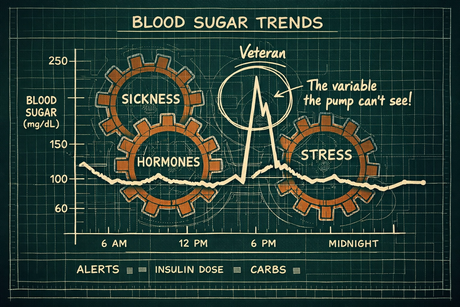 Chart showing a blood sugar spike caused by hidden variables like stress and illness that pumps can't see.
